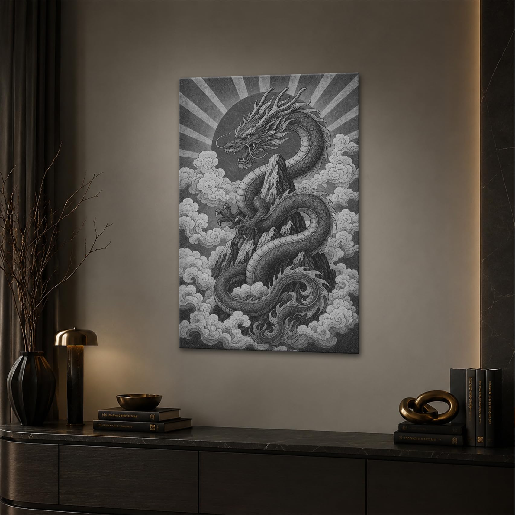 Obraz na płótnie Chiński smok wokół szczytu góry 60 x 40 cm czarno-biały