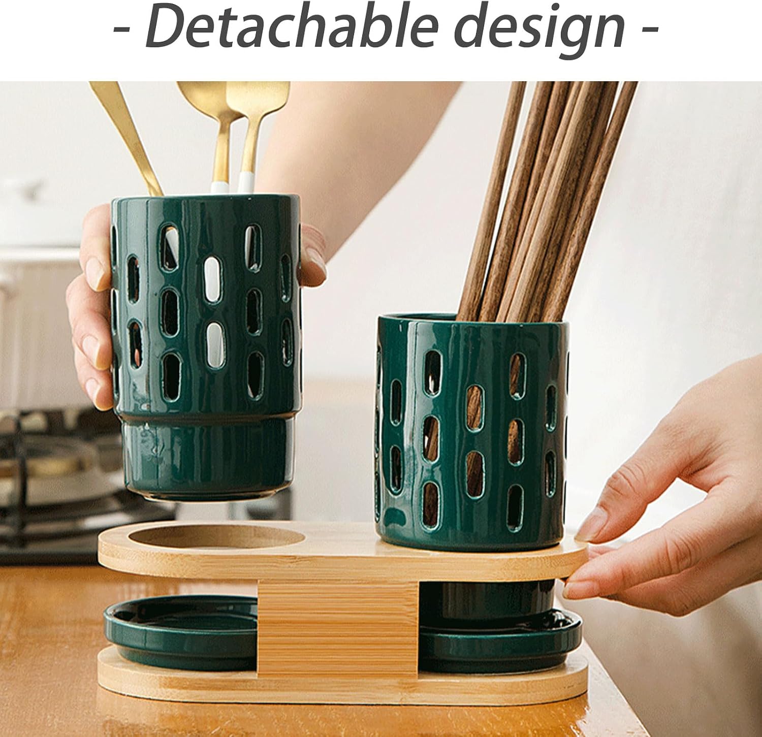 Dxcaicc Ceramic Storage Rack with Wood Tray,Utensil Holder Organizer Sets for Countertop,Flatware Caddy Cutlery Storage Organizer for Kitchen,Green,C