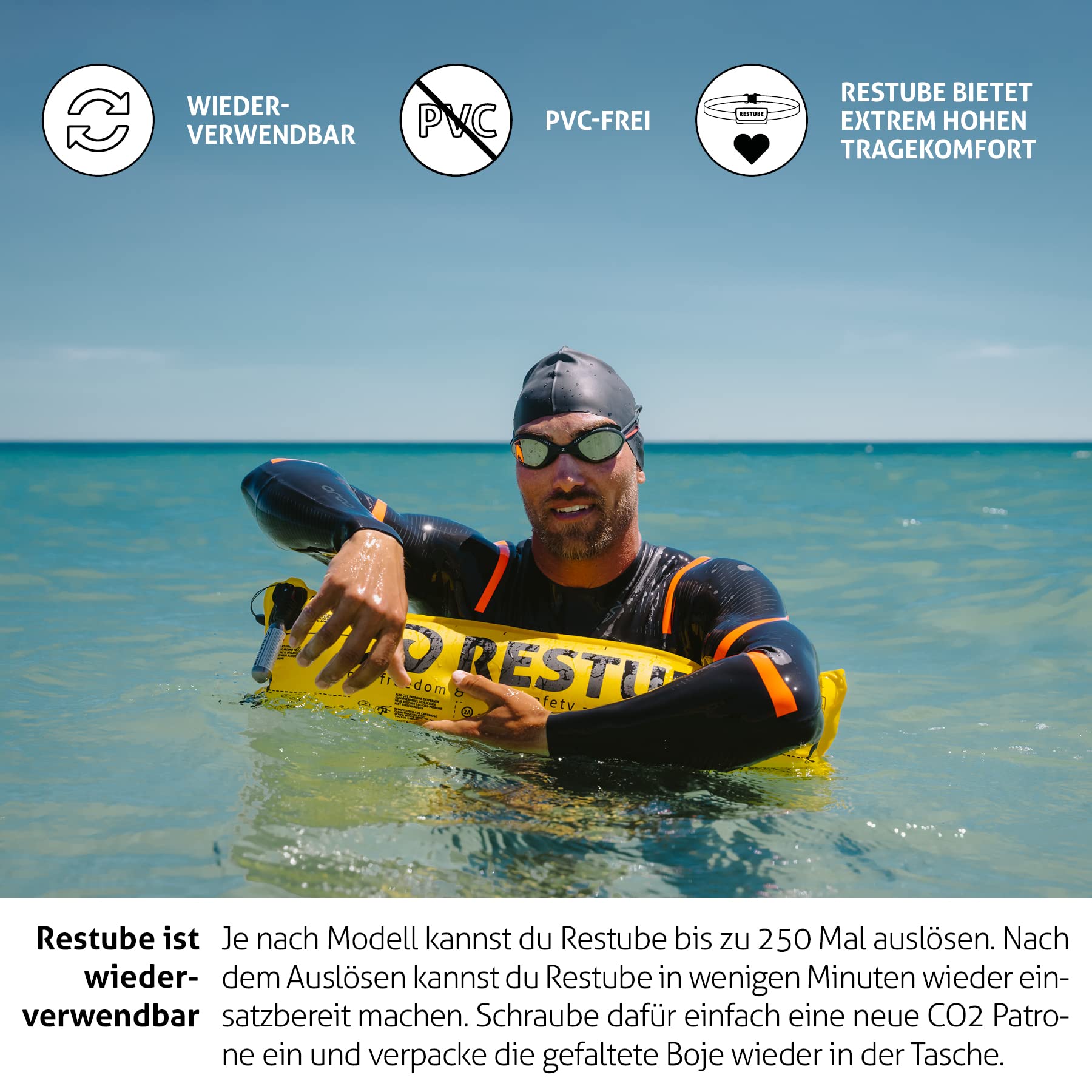 Restube Active Schwimmboje für Erwachsene und Kinder - Rettungsboje für Schwimmer in offenen Gewässern - Schwimmboje Aufblasbar mit Trillerpfeife