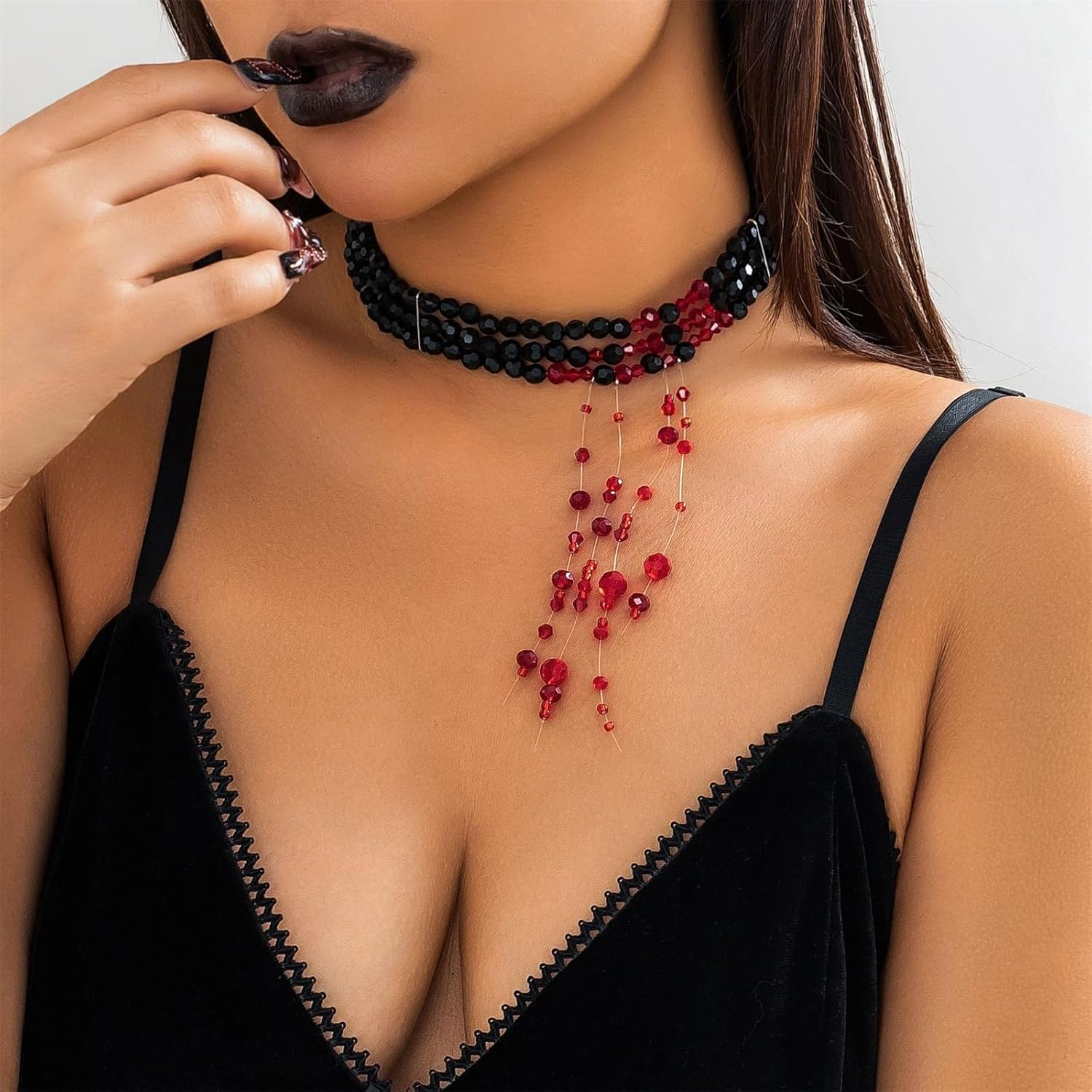 Gothic Blood Pearl Choker Necklace for Women,Punk Adjustable Dripping Blood Imitation Pearl Tassel Necklace Halloween Vampire Party Costume Jewelry - Image 3