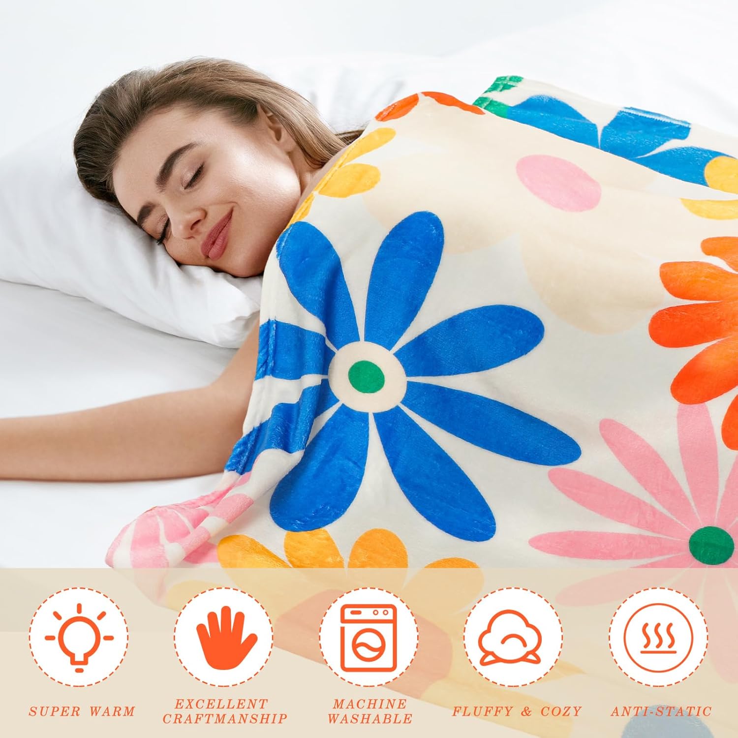 Frienda Vintage Flower Blanket Boho Colorful Throw Blanket Hippie Soft Blanket Preppy Decor Aesthetic Floral Flannel Throw Blanket for Sofa Couch Bed Chair or Dorm Supplies 50" x 60" - Image 4