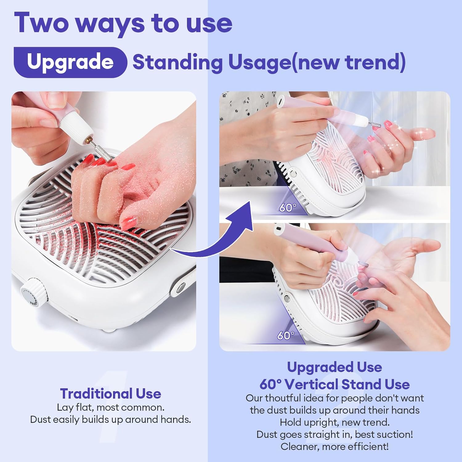 Mini Rechargeable Nail Dust Collector for Personal Use at Home, Small Quiet & Cordless Vacuum Nail Tech Fan Dust Collector, 60° Standing Use Design for Nail Art