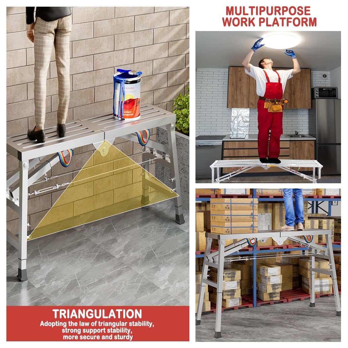 Plataforma de andamio Ajustable con trampilla - Capacidad de Carga de 880 Libras - Plataforma de Trabajo Multifuncional - Escalera Plegable portátil de Acero galvanizado para Limpieza y trab