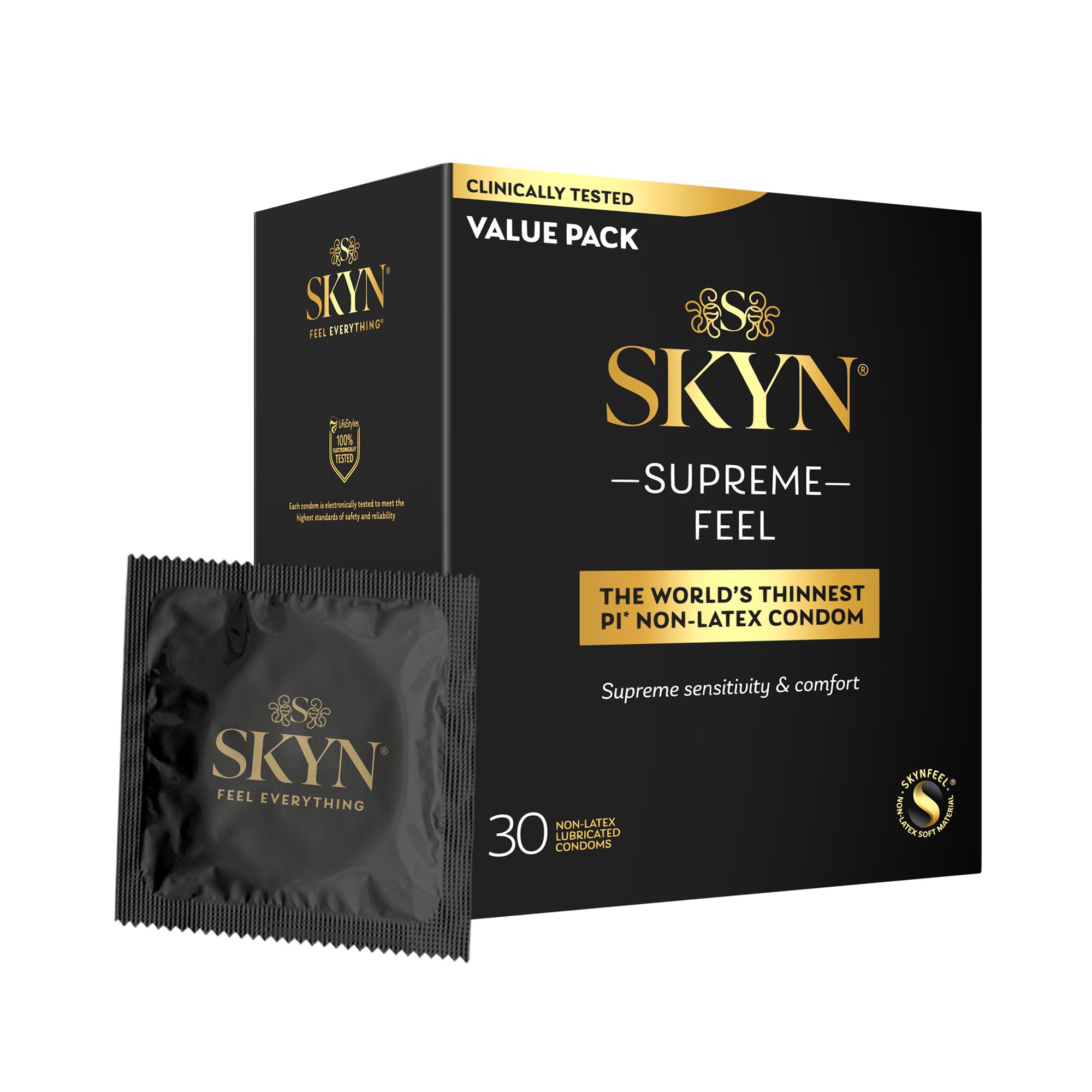 SKYN Supreme Feel Non-Latex Condoms, 30 Count, Ultra-Thin &amp; Pre-Lubricated for a Natural, Smooth Fit