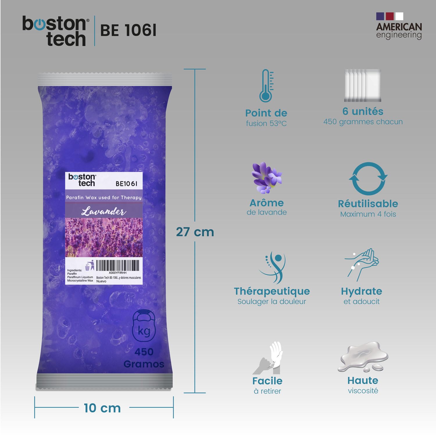 Cire de Paraffine pour Mains et Pieds Boston Tech Rééducation antioxydante + Traitement de l’arthrite + Nourrit + Esthétique | Idéale pour Tout Bain de Paraffine | 6 Blocs de 450 g (Lavande)