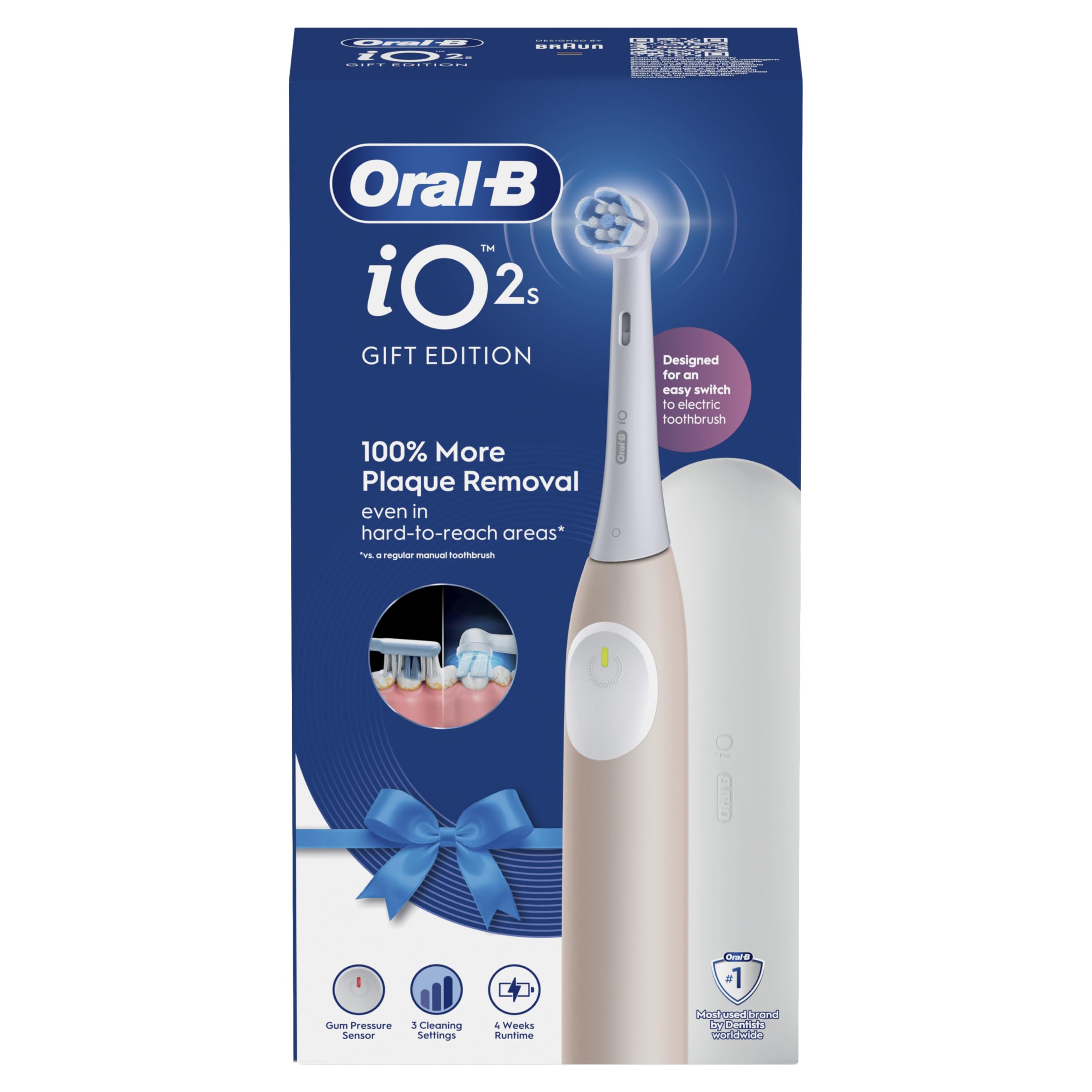 Oral-B iO 2 Cepillo de Dientes Eléctrico, 1 Cabezal, Rosa Suave - Cepillo Dental con 3 Modos de Cepillado, Sensor de Presión, Temporizador, Estuche de Viaje, Portarrecambios, Batería de Larga Duración