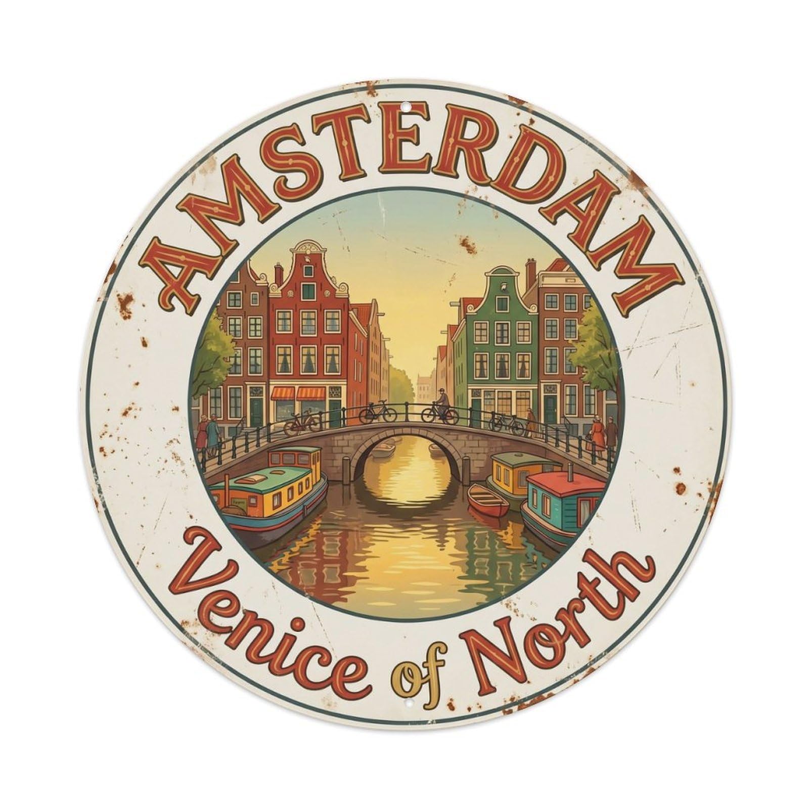Vintage Travel Amsterdam Canal Houses Metal Tin Sign Plaque Wall Decor for Cafe, Club, Garden Round Metal Poster 8x8Inch