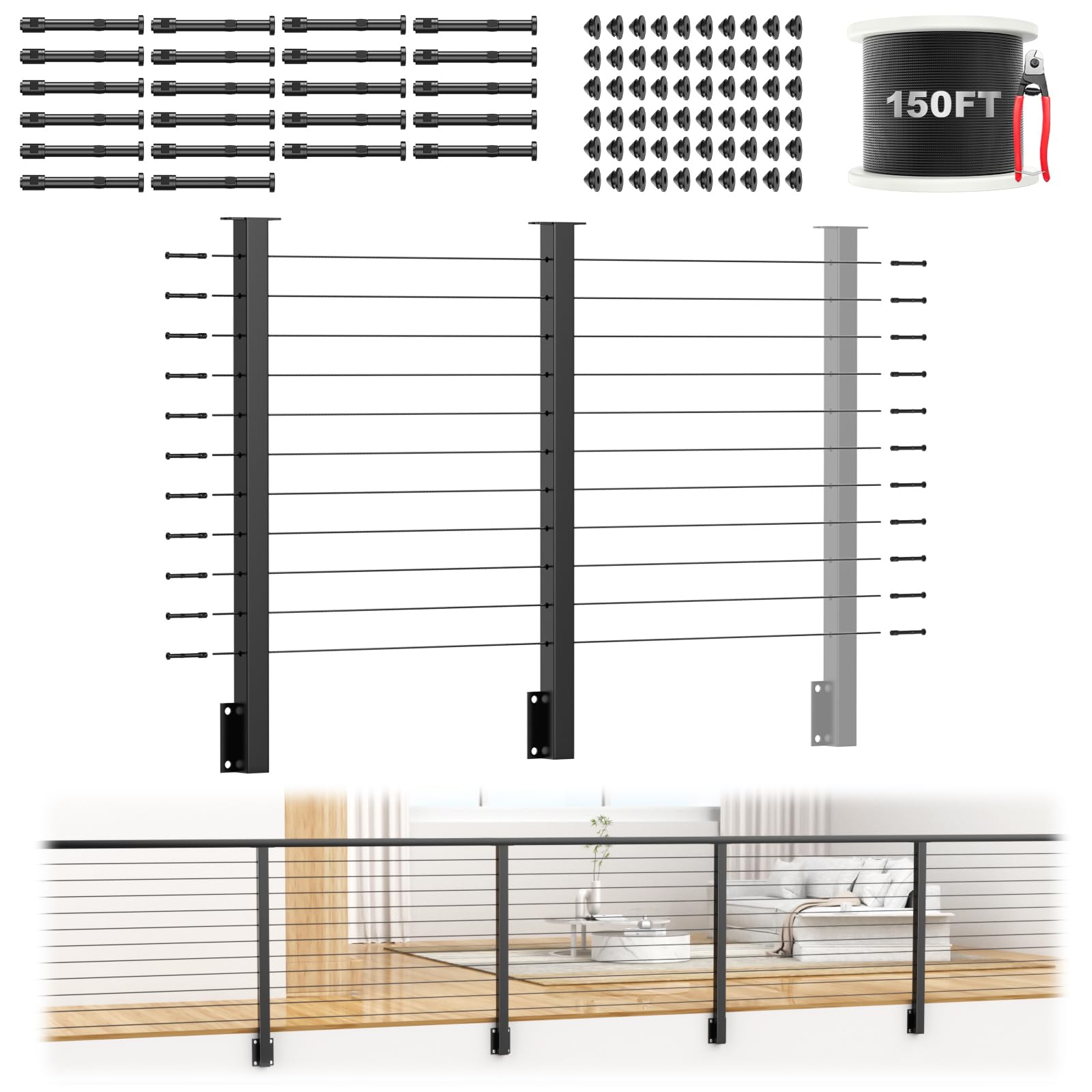 Photo 1 of PLANTOP 4-10ft Complete Set 36" Side Mount Level Railing Post Kit, 2 Pack Black Fascia Mount Level Drilled Post, 150ft 1/8" Stainless Steel Cable(No Handrail), Swageless Cable Railing Kit, MY10-LP