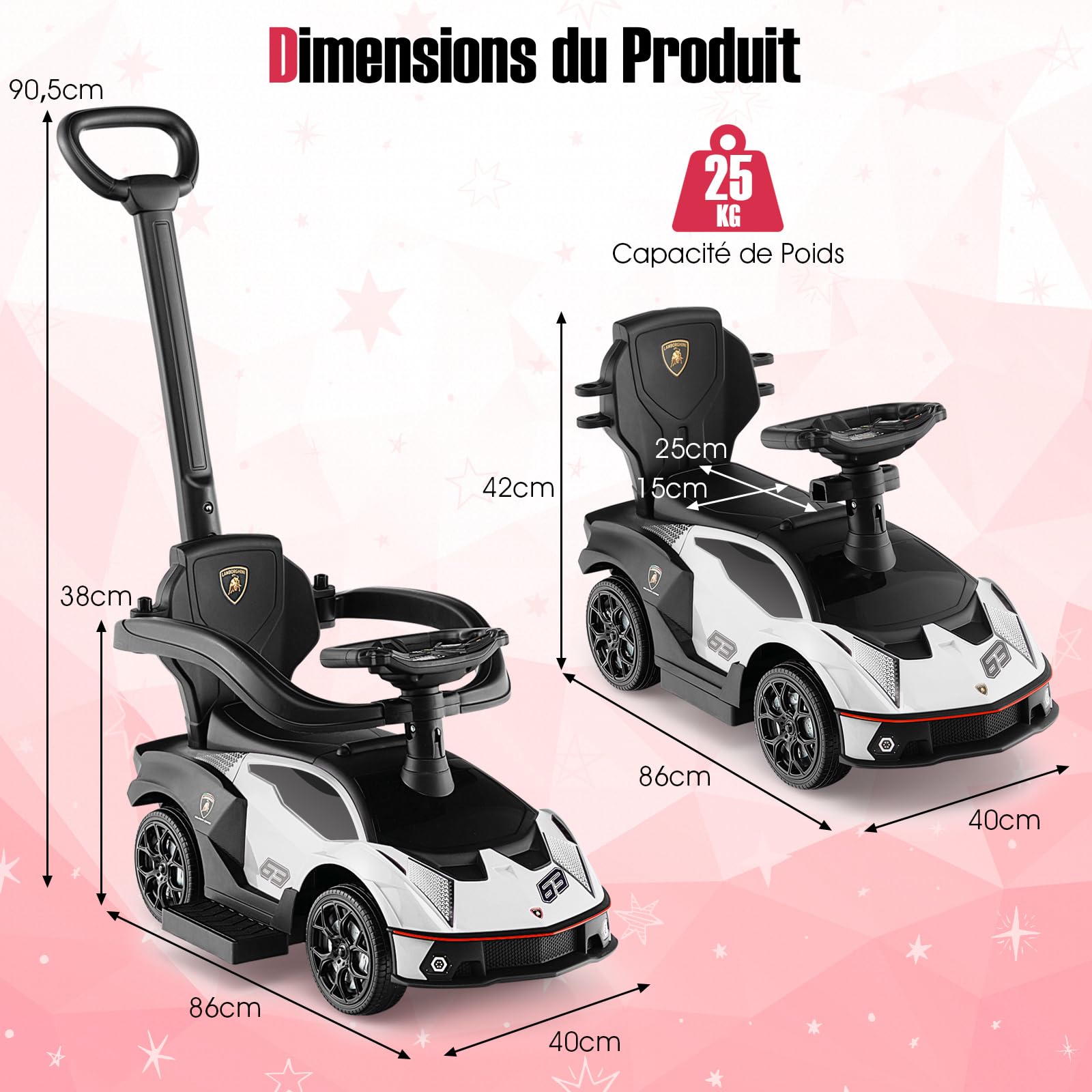 DREAMADE Voiture Porteur Enfant pour 1-3 Ans Lamborghini, Porteur Bebe avec Klaxon & Sons du Moteur, Poignée de Poussée, Garde-Corps Amovible, Rangement sous Le Siège (Blanc)