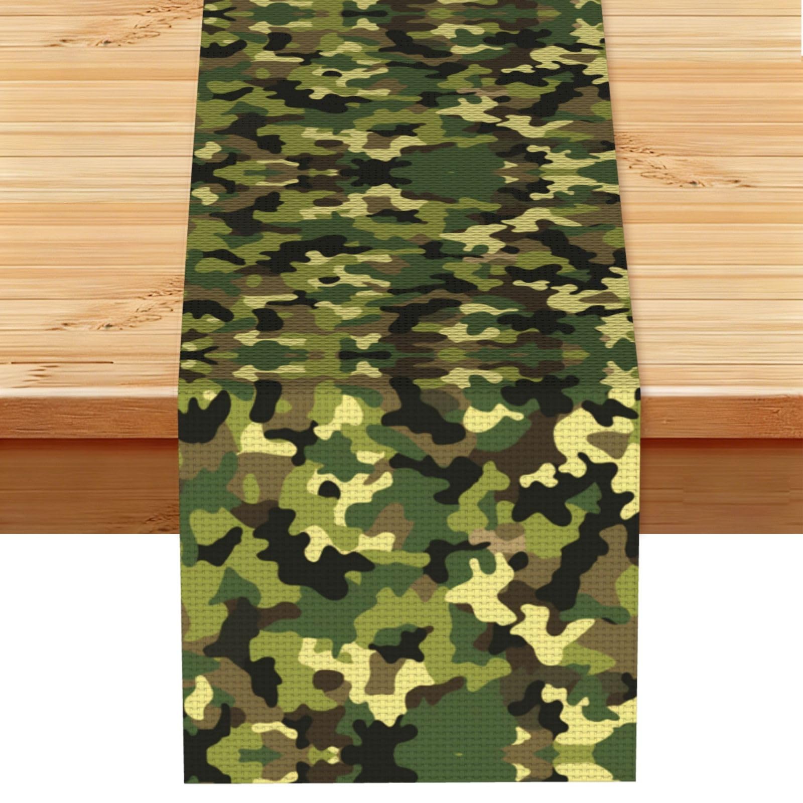Speckled Green Tan Camo Printed Table Runner 13 x 72, Wrinkle Resistant Decor for Dining Table Coffee Table Fireplace