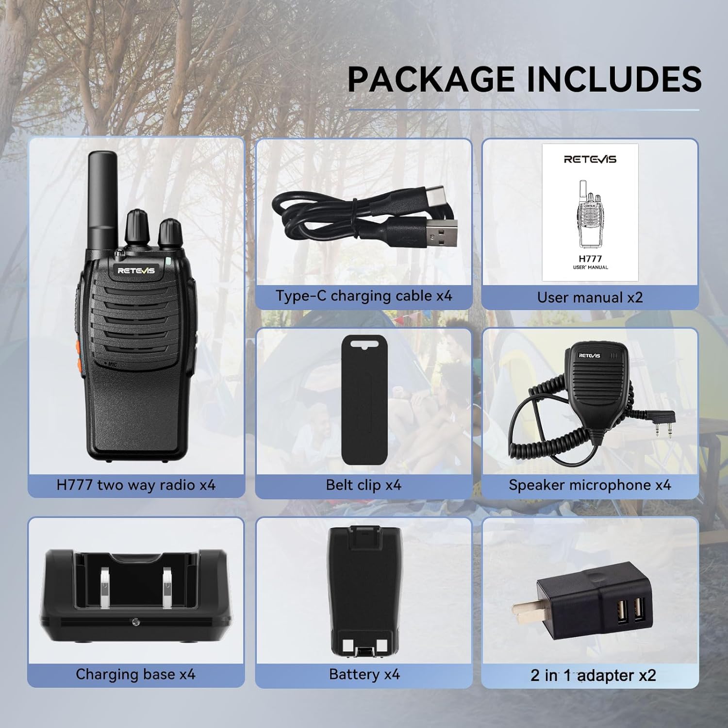 Retevis H-777 Walkie Talkies with Shoulder Mic,2 Way Radios Long Range,License-Free,LED Flashlight,Portable,Shock Resistant,for Family Outdoor Small Commercial (4 Pack)