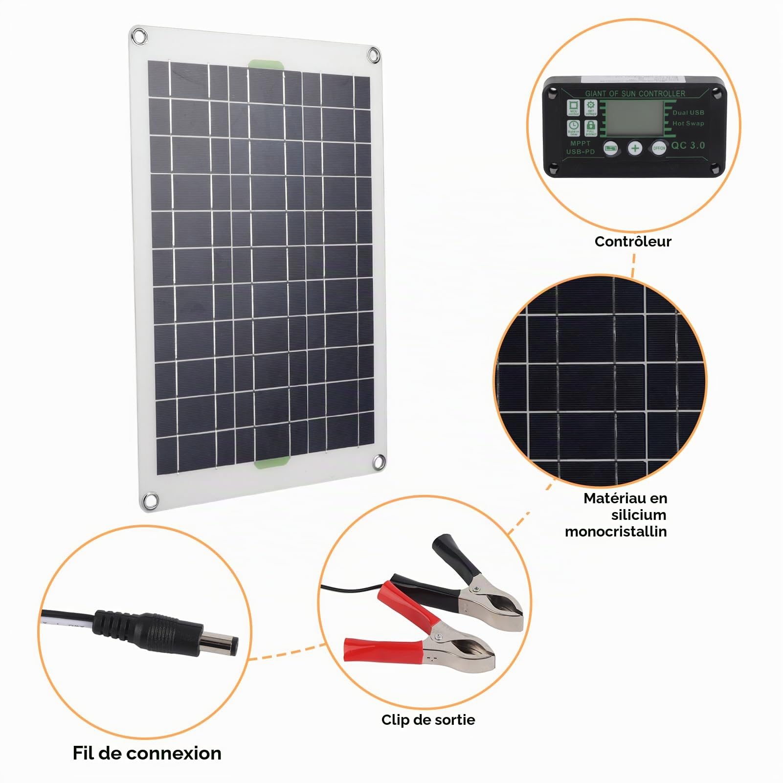 HERCHR Chargeur De Batterie Solaire 50W 30a, Panneau Solaire De Contrôleur De Chargeur De Panneau Solaire 12V 24V pour Camion De Remorque De Camping-Car Marin De Bateau De Voiture