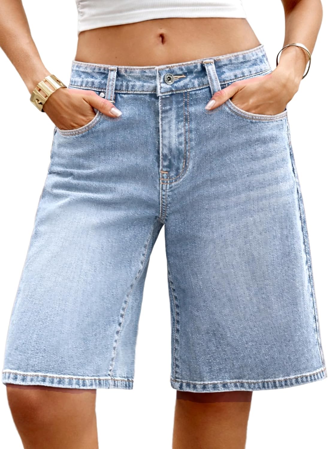 ELLEVEN Low Rise Baggy Denim Shorts Stretchy Bermuda Knee Length Long Shorts for Women Summer Streetwear Short Jeans