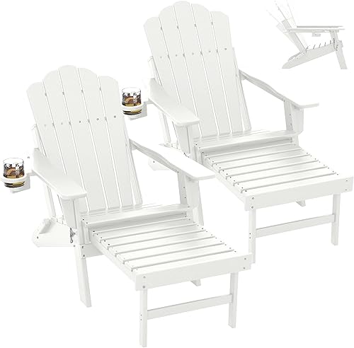 FOOWIN Juego de 2 sillas Adirondack ajustables con otomana retráctil, silla Adirondack plegable con soporte para tazas, silla para hoguera de