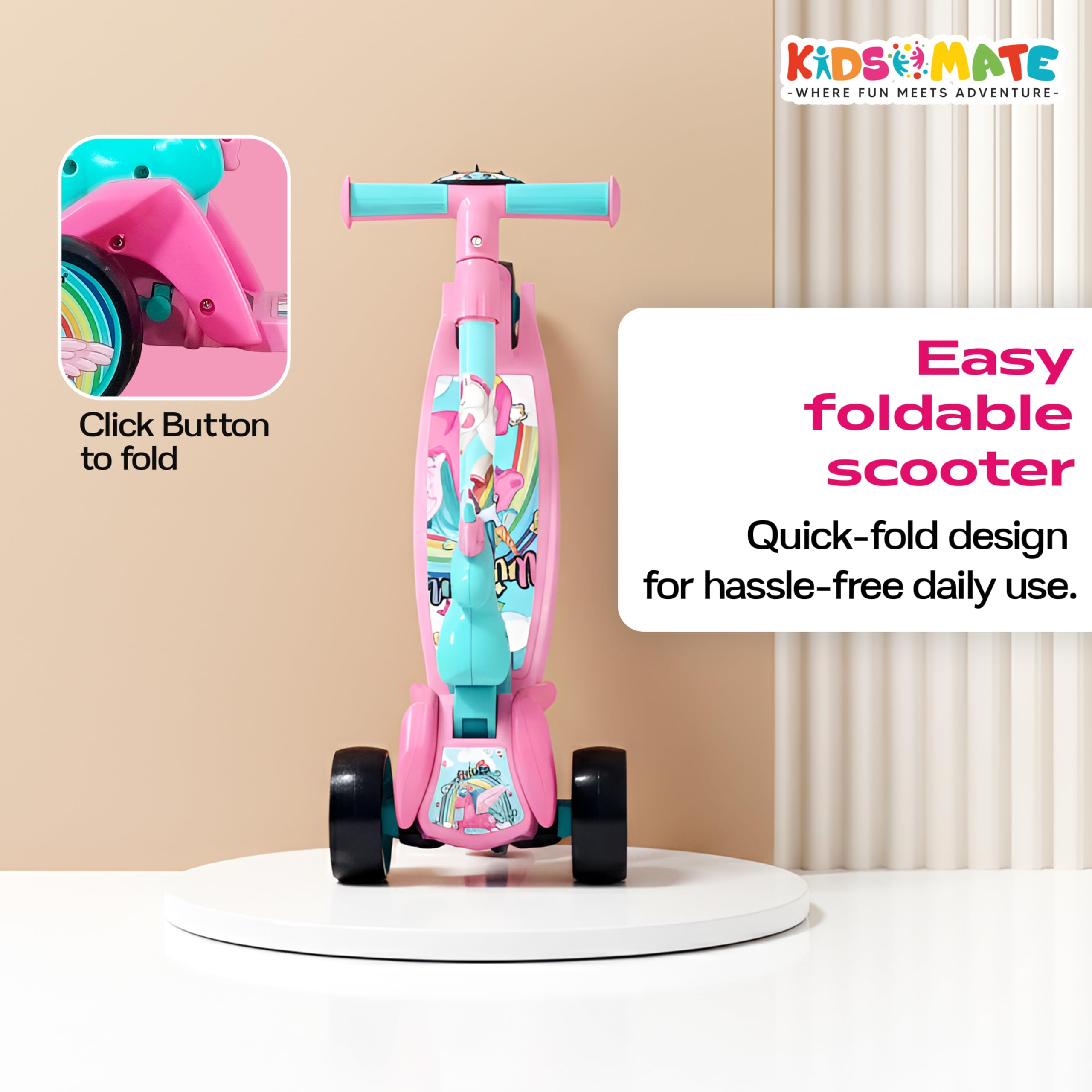 Kidsmate Unicorn Kick Scooter for Kids Age 3-8 Years | 3-Level Adjustable Height & PVC Wheels | Wide Non-Slip Deck & Rear Push Brake | Foldable Kids Scooters for Boys & Girls - Pink 3