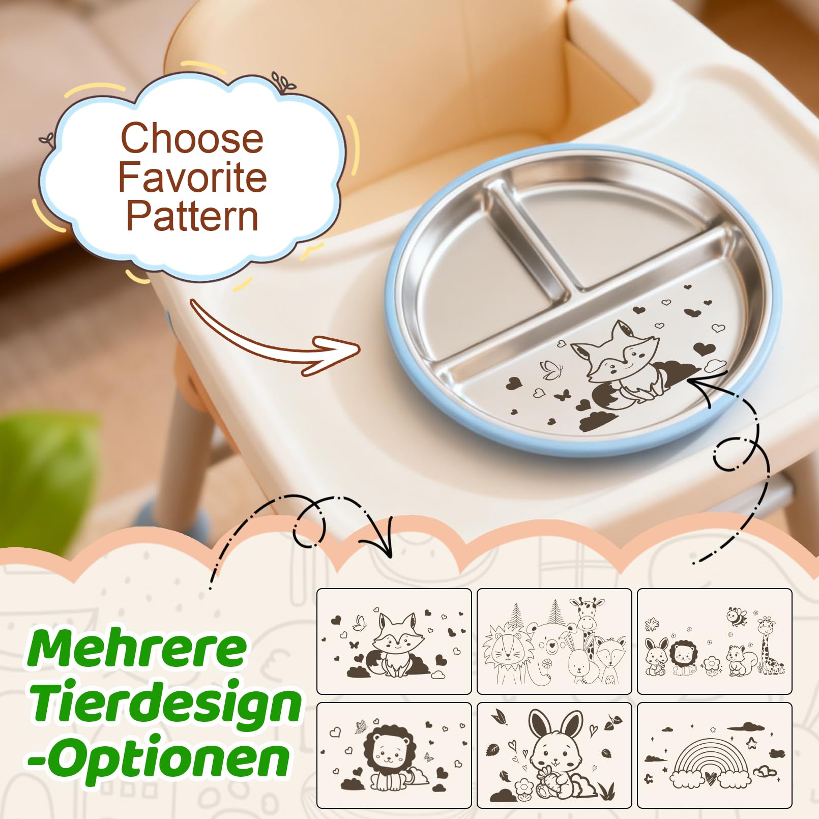 OXYEFEI Edelstahl Teller Baby,Kindergeschirr Set mit Tiermotiven Baby Teller mit Saugnapf Geburtstagsgeschenke für Babys, Taufgeschenke (Blau, Löwe)