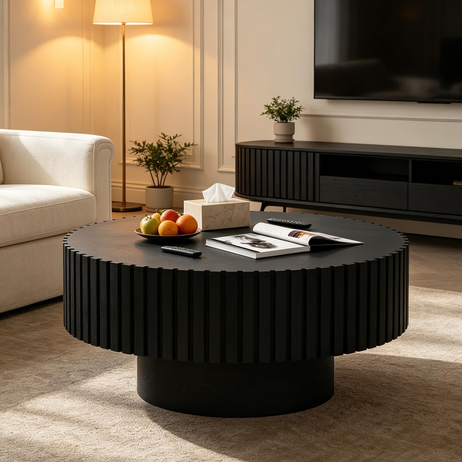 Feizhiyans Ds Mid-Century Round Fluted Coffee Table For Living Room
