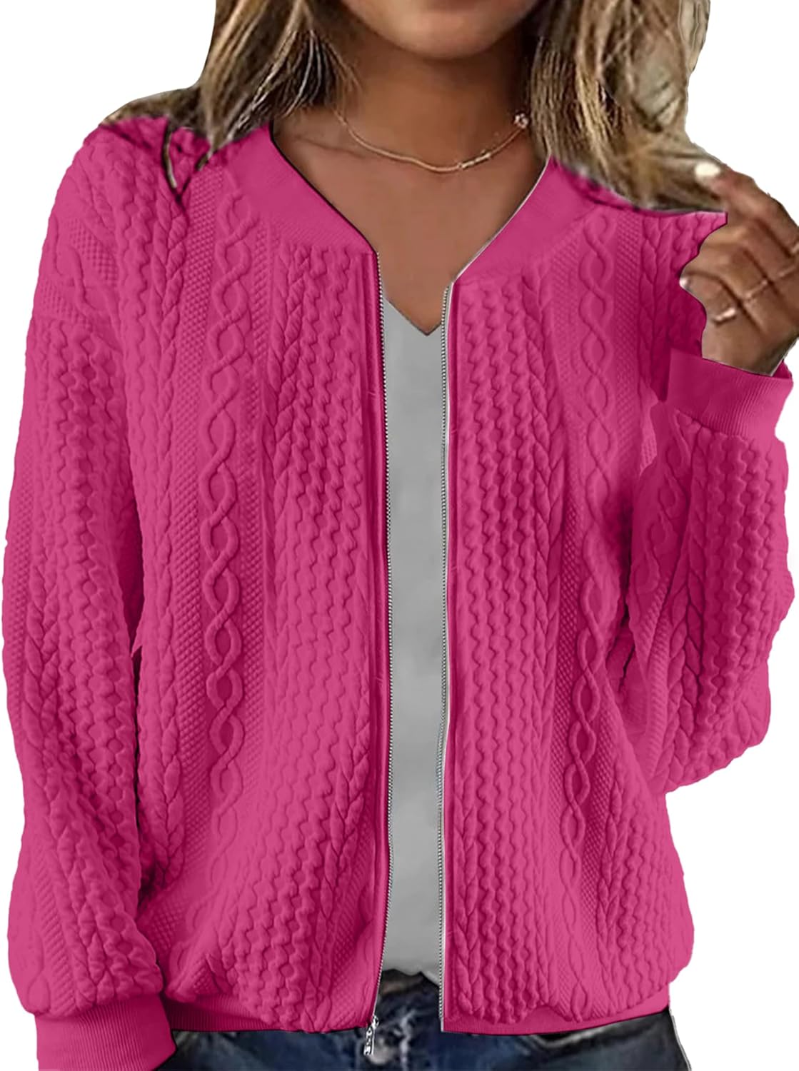 Women's Zip Up Cardigan Sweater Cable Hoodies Long Sleeve Jacket Outfits Crewneck Casual Coat