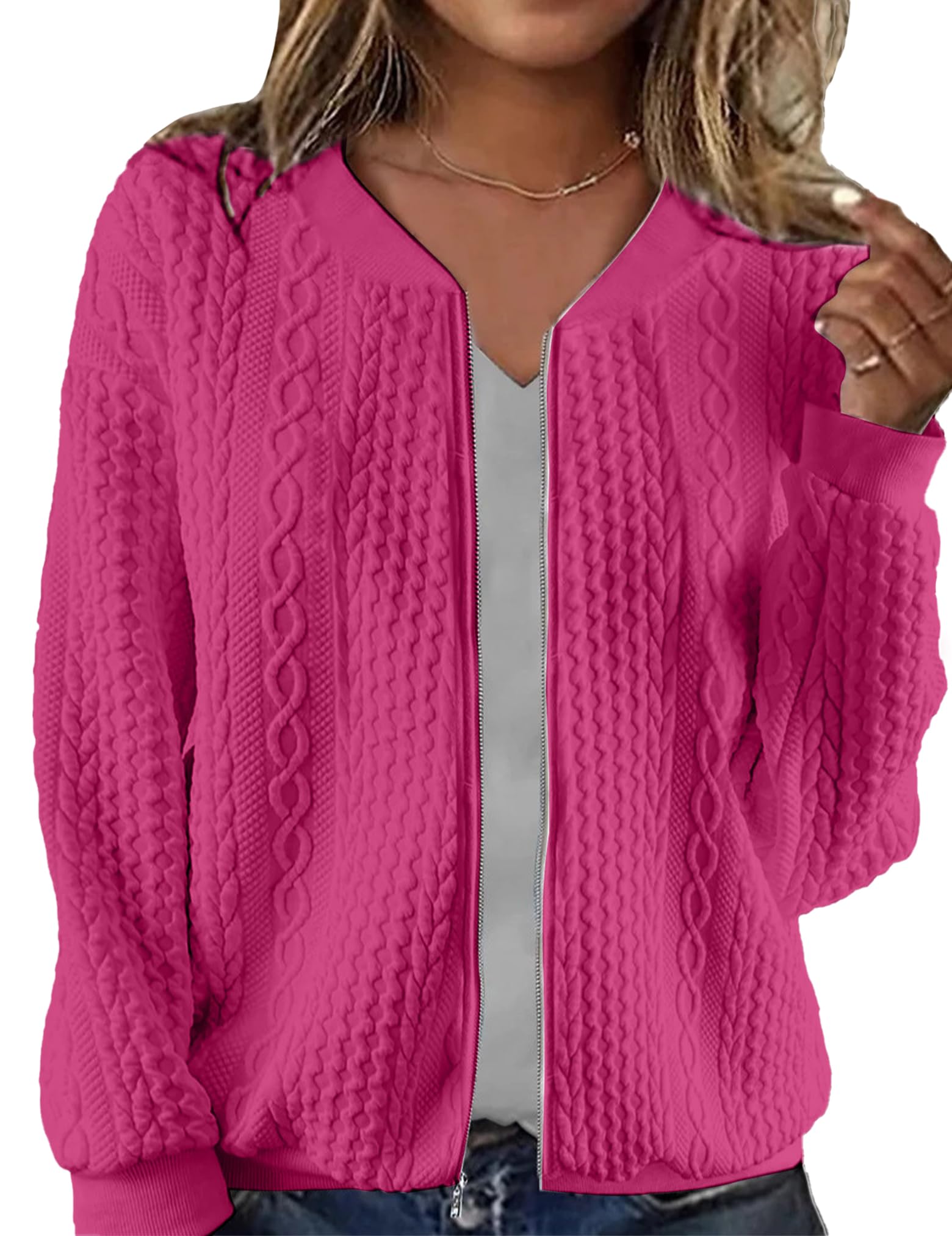 WROLEM Women's Zip Up Cardigan Sweater Cable Hoodies Long Sleeve Jacket Outfits Crewneck Casual Coat