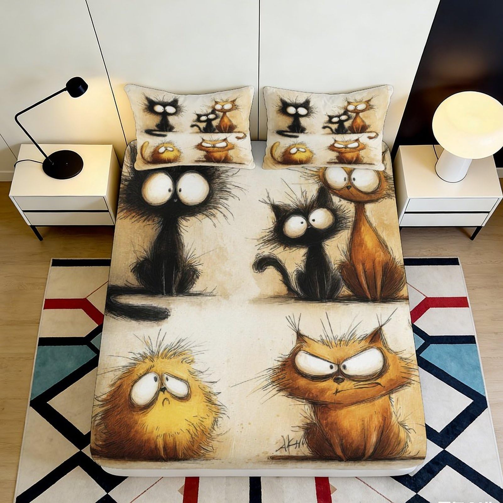3D Printed Cartoon Cat Fitted Sheet Microfiber Soft Anti-Slip Funny Animal Mattress Cover for Bedroom Guest Room Decor 200x200x25cm