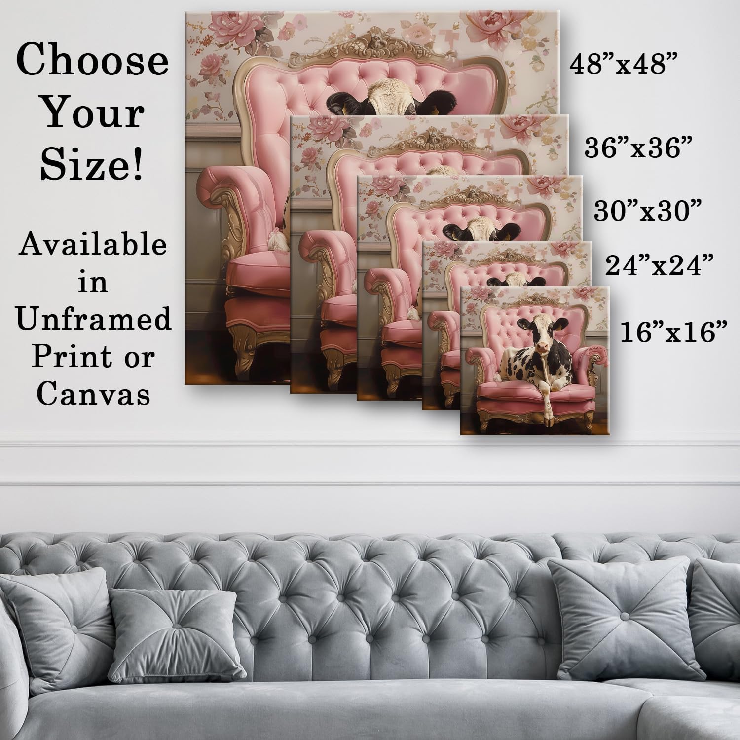 Pretty In Pink Cow On A Sofa Portrait 30x30 Stretched Canvas Poster-Rustic Farm Animal Wall Art, Vintage Farmhouse Decor, Cute Cattle Artwork, Floral Humor Print For Country Chic Living Room Or Office