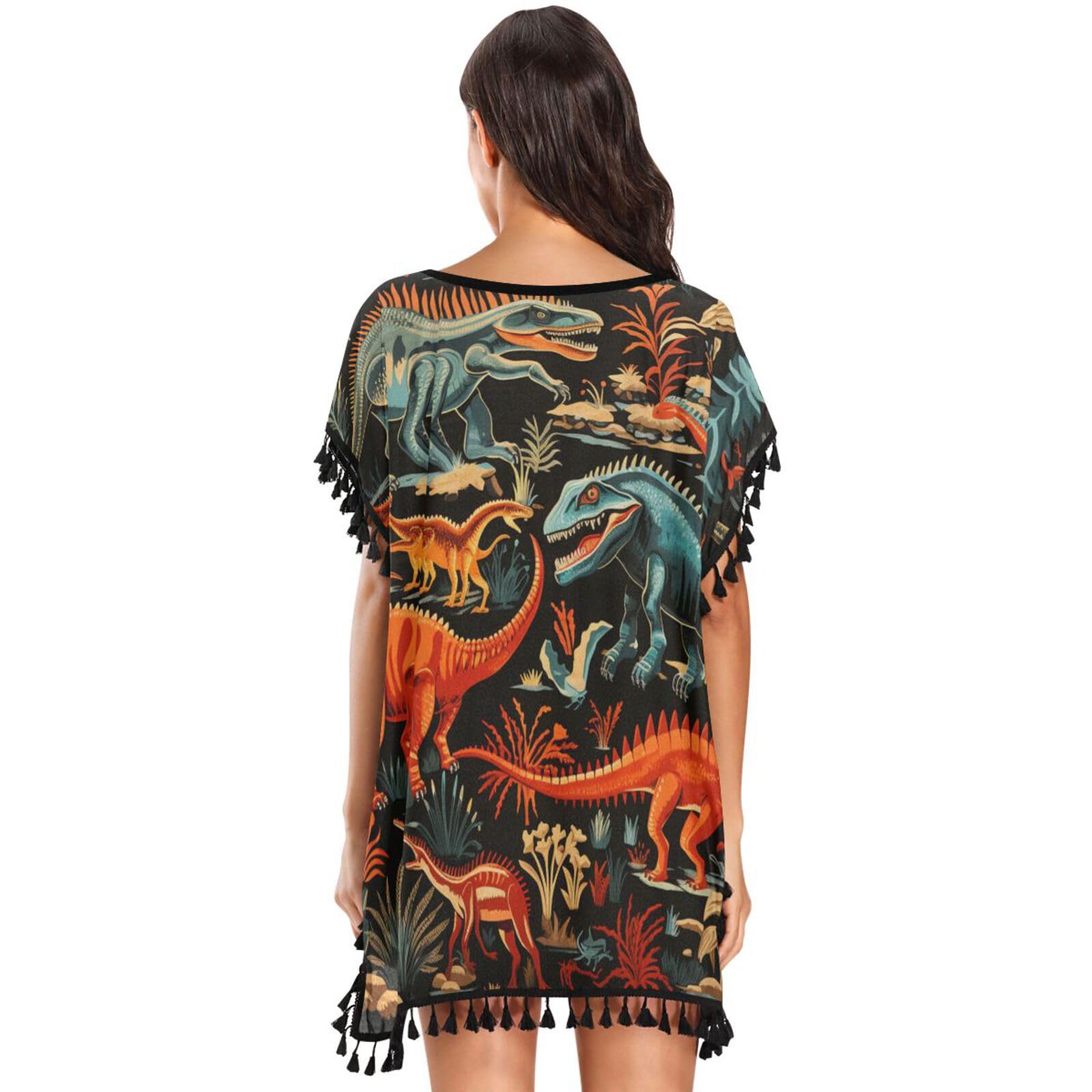 KAAVIYO Classic Red Black Dinosaurs Women's Beach Cover Up Chiffon Tassel Swimwear Swimsuit Coverups for Girl