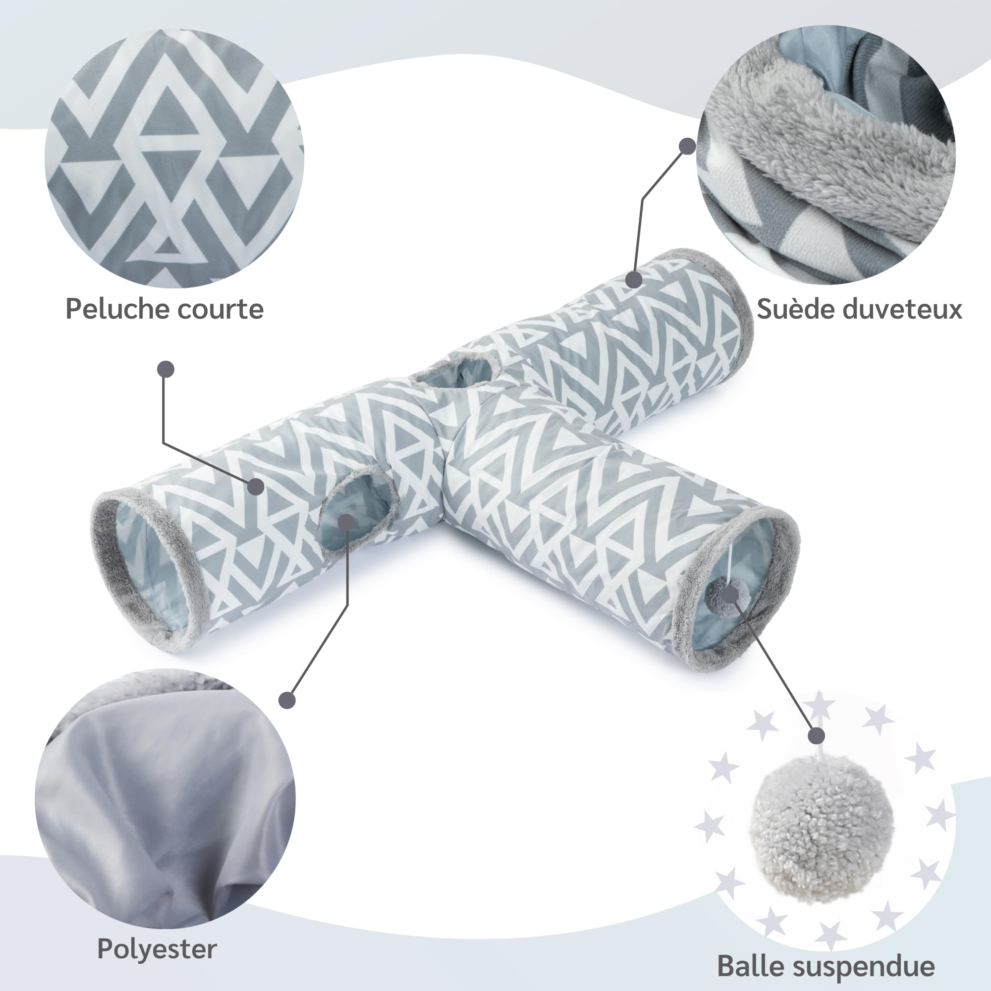 JanYoo Tunnel pour Chat et Lapin - Tunnel de Jeu en Peluche 3 Voies - Jouet pour rongeurs Trou d'espionnage interactif - Ø 26 cm - Gris
