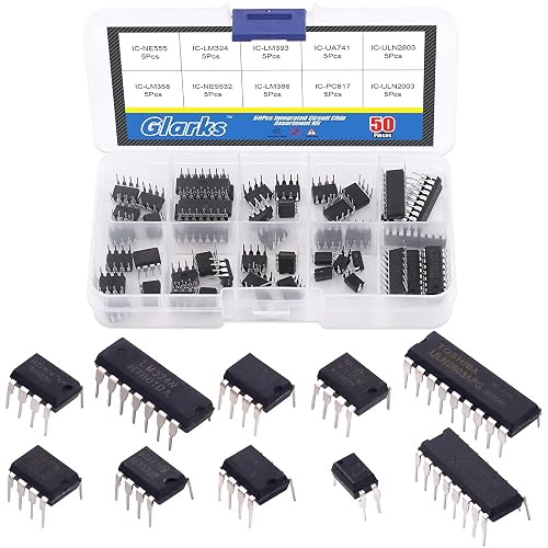Glarks 50Pcs 10 Types Integrated Circuit Chip IC Chips Assortment Kit, opamp, Single Precision Timer, pwm, Including LM324 LM358 LM386 LM393 UA741 NE5532 NE555 PC817 ULN2003 ULN2803