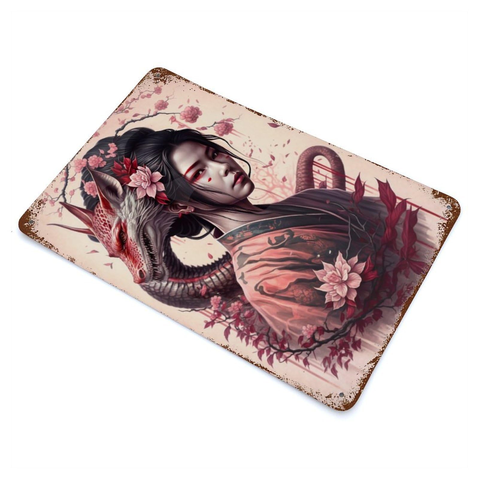 Geisha Dragon 11.8"x7.9" Decorative Tin Sign, Classic Wall Plaque for Cafe, Home Bar And Lounge Decor