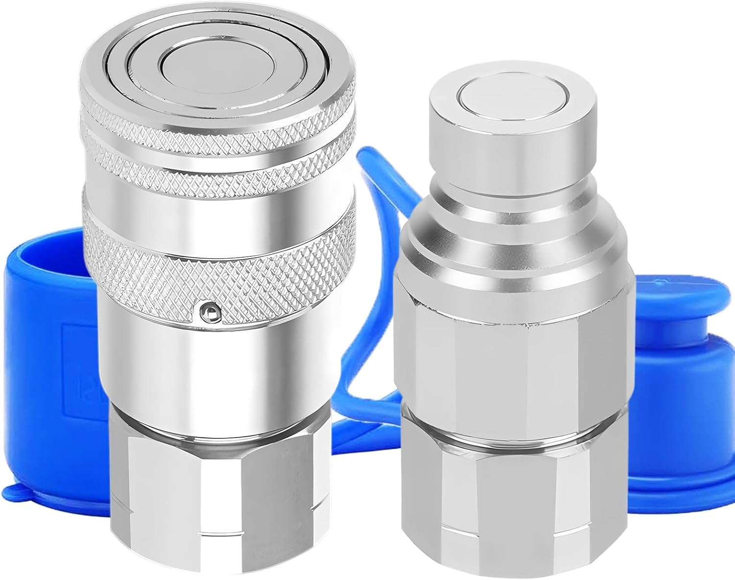 3/4’’ NPT Flat Face Hydraulic Quick Connect Couplers/Couplings with Dust Caps, The Universal Bobcat Flat Face Quick Connect Fittings with with 1/2" Body ISO 16028 Standard