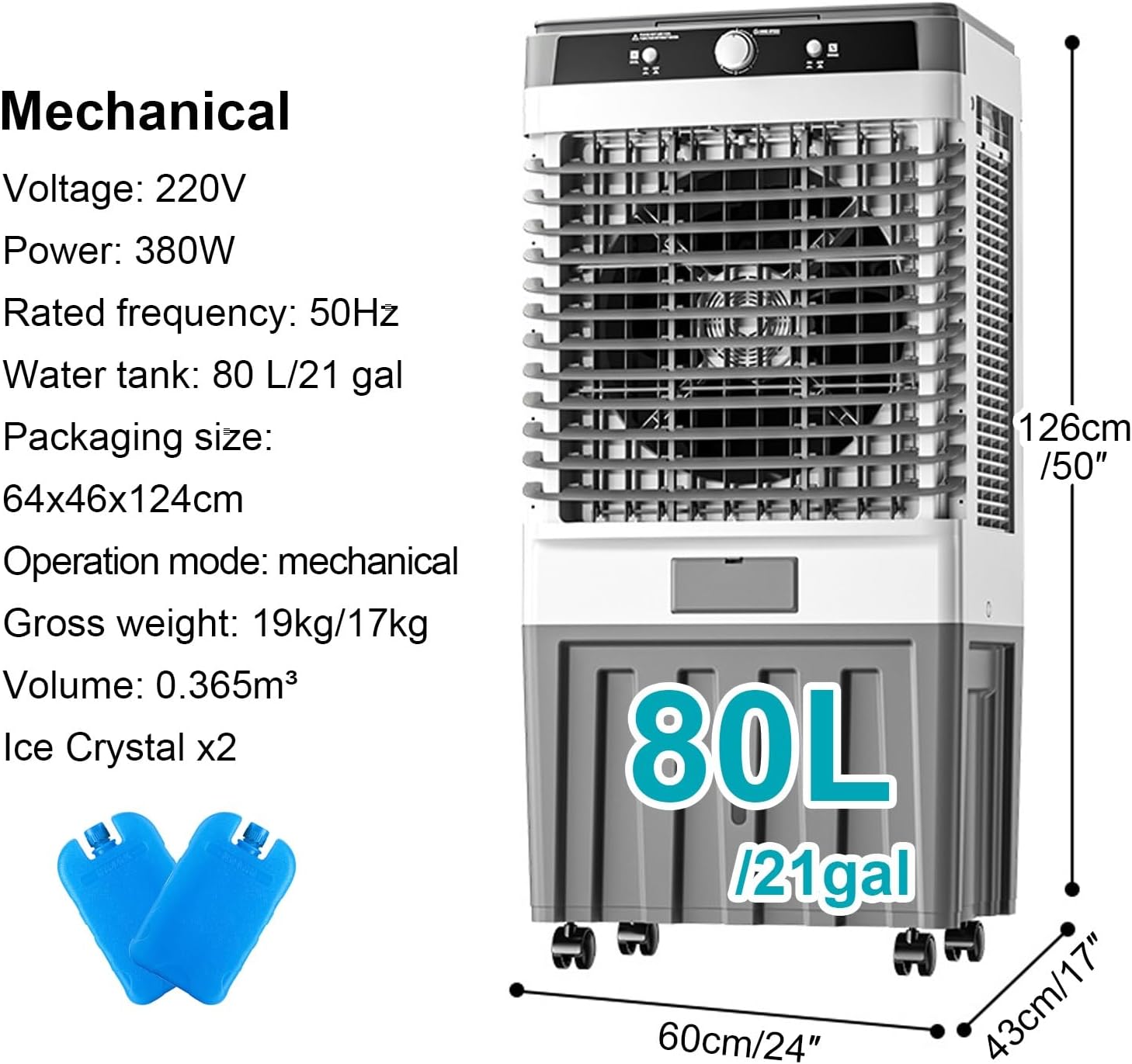 Portable Swamp Cooler - 80L Evaporative Air Cooler with 2 Ice Packs, 120° Oscillation, 3 Wind Speeds, Ideal for Indoor/Outdoor/Garage Use, Energy-Efficient Cooling Solution