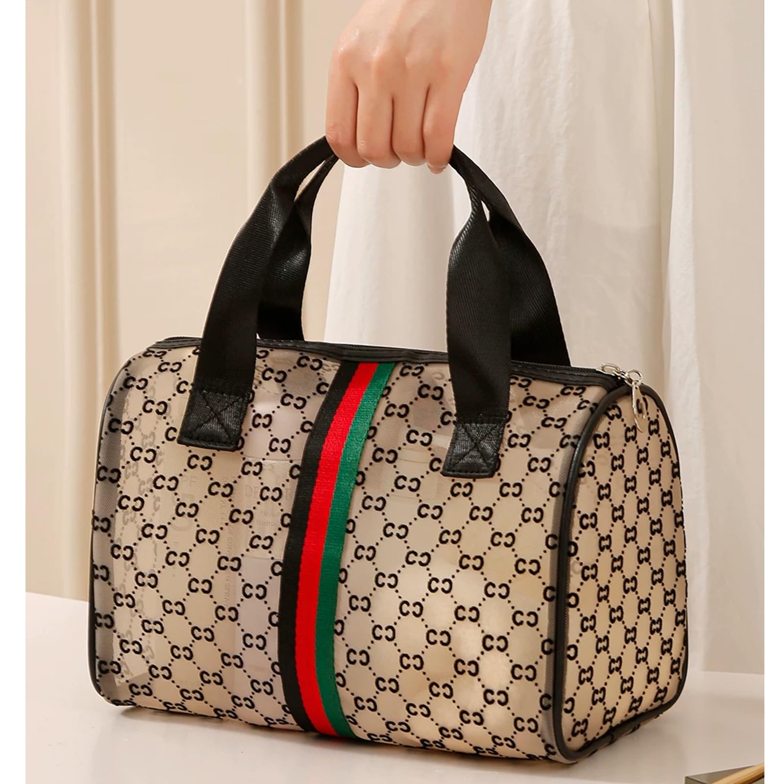 Kleine Kosmetiktasche, Kleine Make up Tasche Tragbare Reise Schminktasche wasserdichte PU Leder, Bedrucktes Muster, Bequemer Griff, für das Ständige Streben Nach Schönheitsideal(Black)