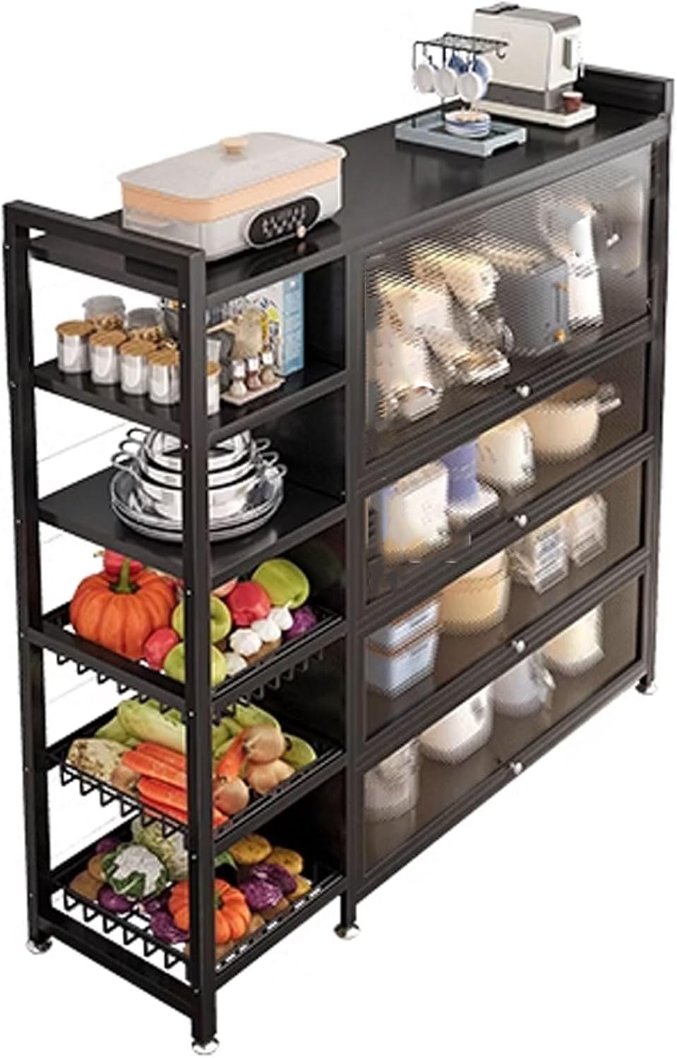 Freestanding Multi-Layer Kitchen Floor Cupboard，Microwave Storage Stand,Kitchen Pantry Cabinet with Microwave Shelf Made of Carbon Steel Large Kitchen Baker‘s Rack with A Removable Mesh Bask