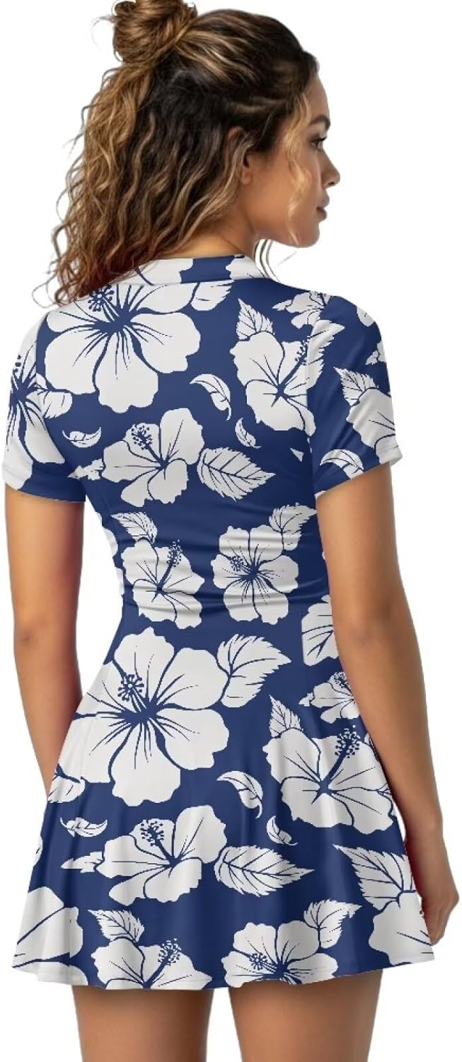 Womens Tennis Dress with Built in Shorts and Pockets V Neck Short Sleeve Workout Dress Exercise Golf Outfits XS-XXL