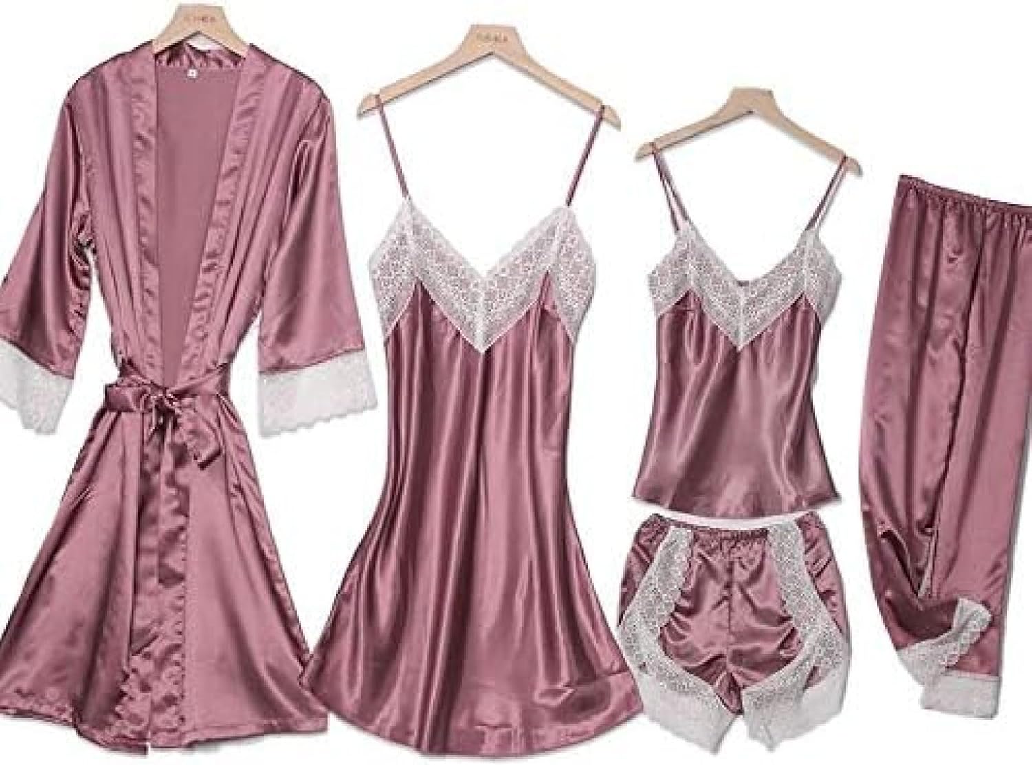 Sleepwear Female Robe Set Casual Kimono Bathrobe Gown Nightgown Sexy Nightwear,5pcs Dark Red 2,M