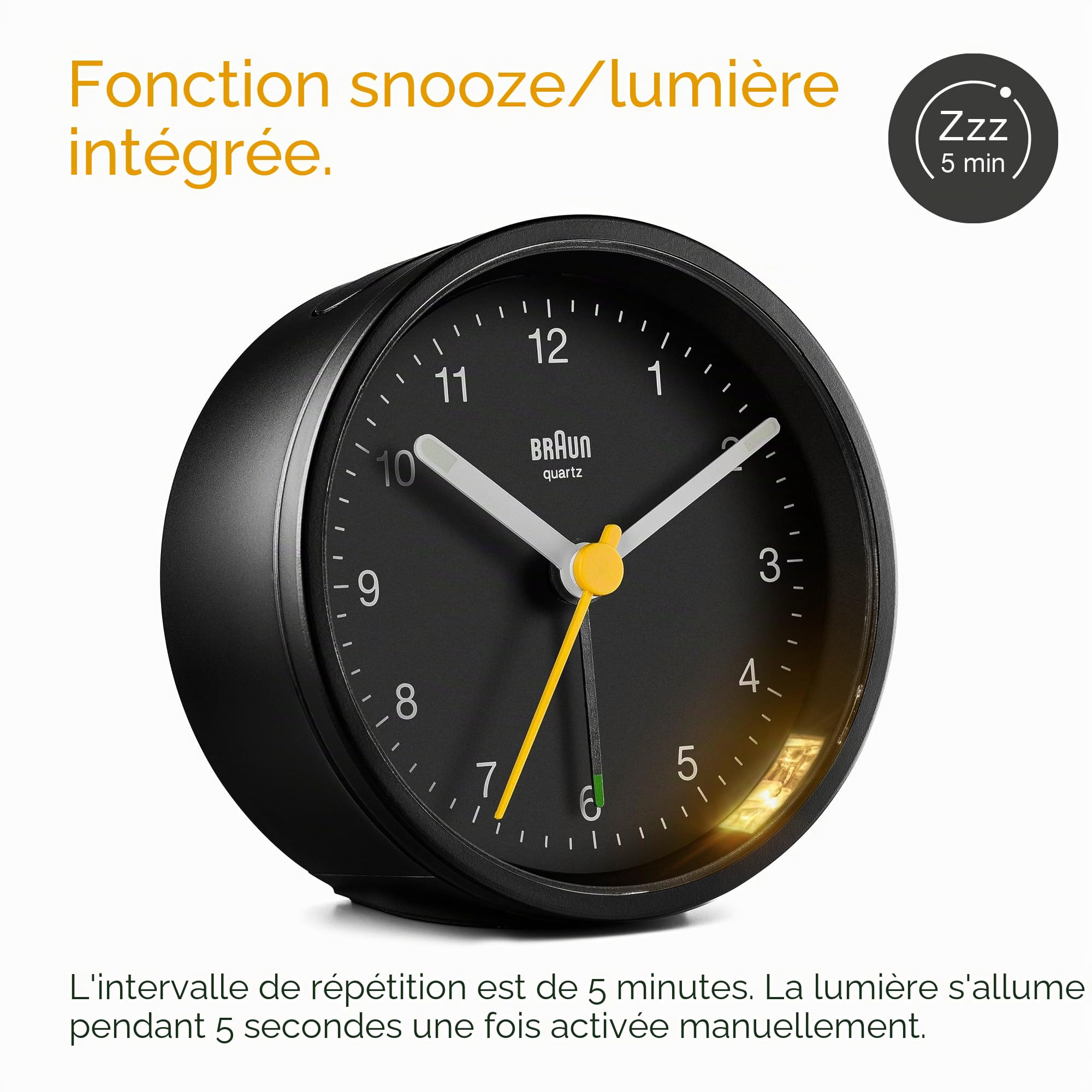 Braun Réveil analogique Classique avec Fonction Snooze et lumière, Mouvement à Quartz Silencieux, bip de l’Alarme en Crescendo, en Noir, modèle BC12B.
