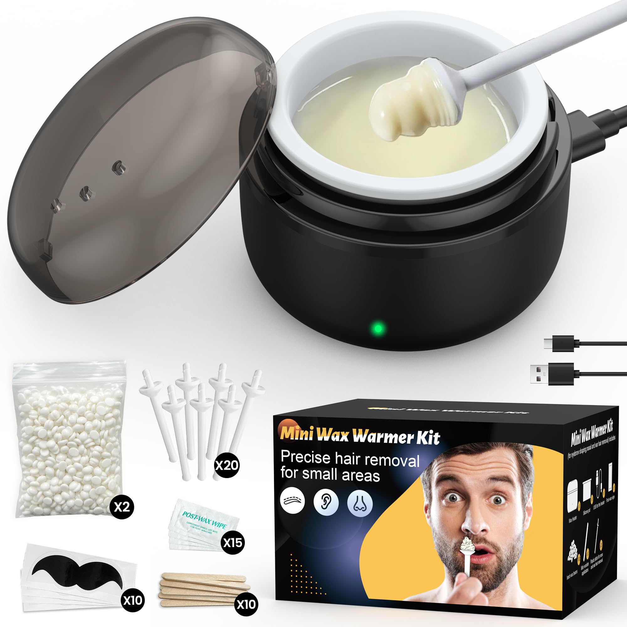 Ceretta per Naso e Orecchie per Uomo, Ceretta per Sopracciglia - Epilatore Viso con mini Scaldacera, Calore Rapido,100g Cera, 20 Applicatori, Depilazione Naso, Orecchie, Sopracciglia per Uomo e Donna