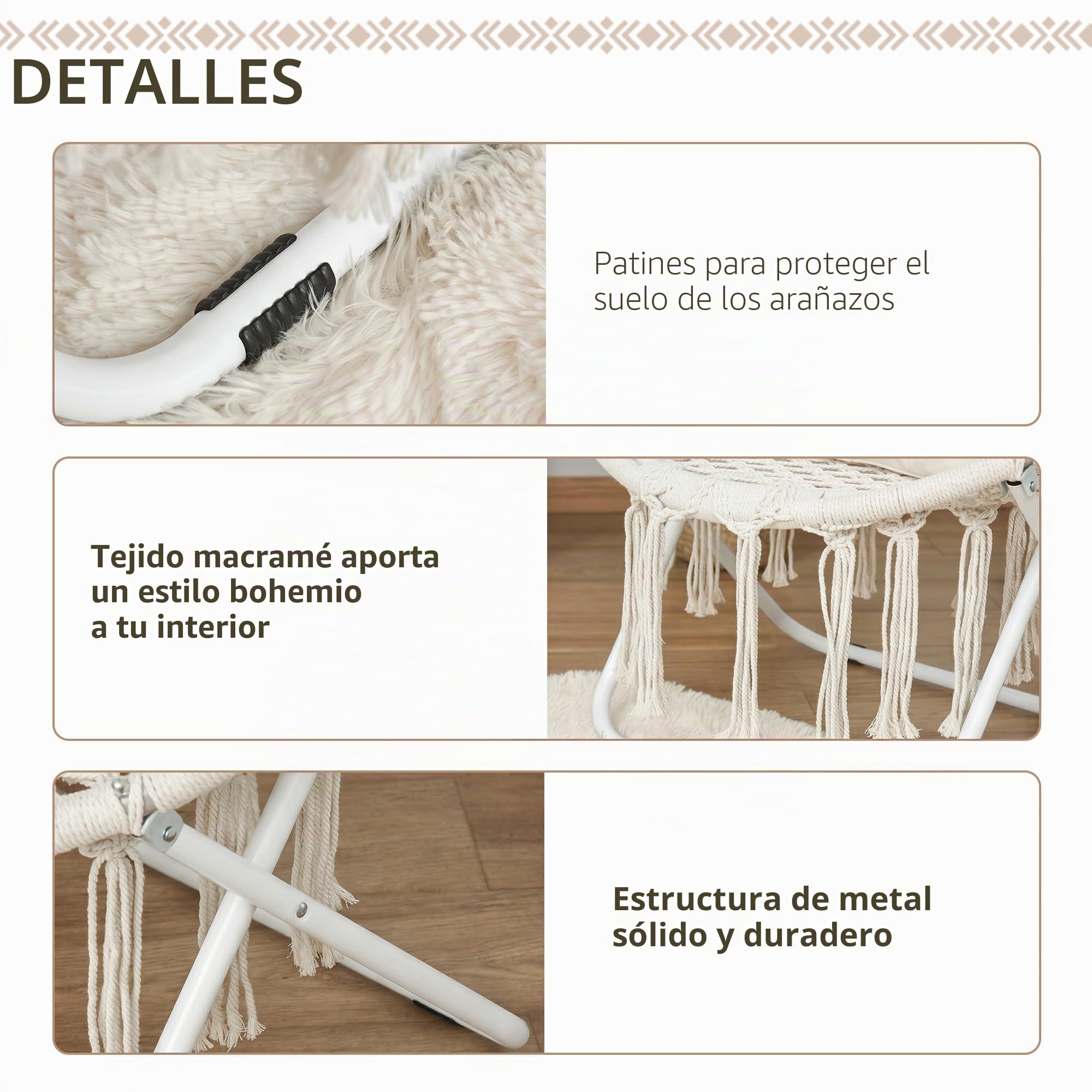 Outsunny Silla Papasan Redonda de jardín Plegable Macrame Beige | Sillón luna, gran comodidad, algodón poliéster, para balcón, exterior