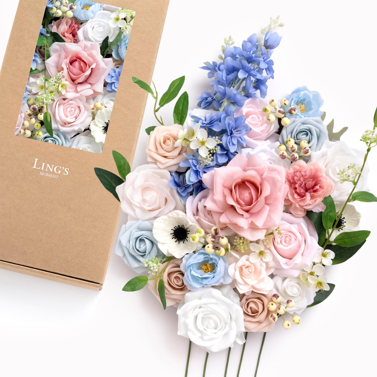 Ling's moment Künstliche Blumen und Grün für DIY Englisch Pastell Deluxe Box Hochzeit Blumenstrauß Mittelstücke Blumenarrangement Dekor