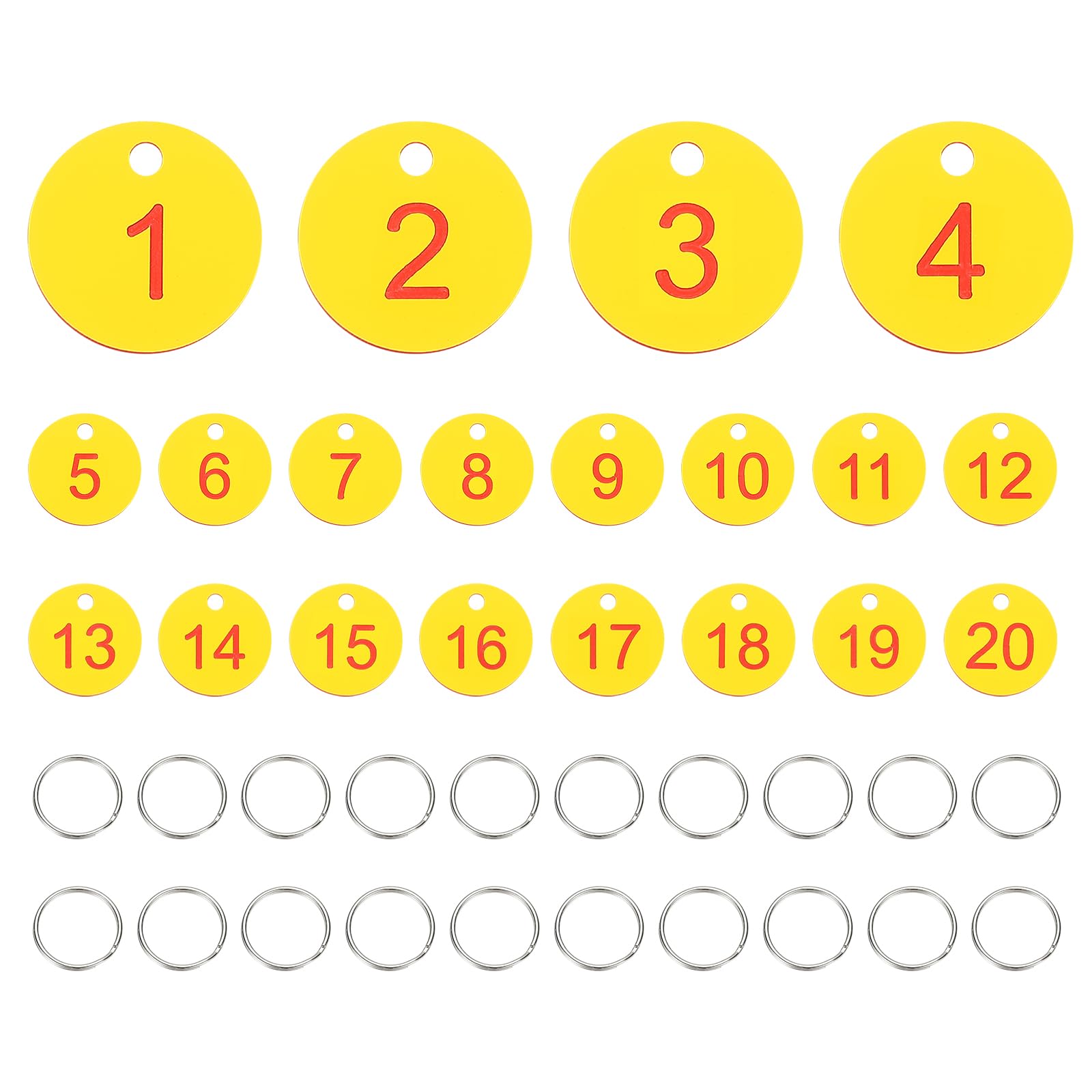 PATIKIL 20PCS Number Tags 1-20, Table Number Key Tags Plastic Numbered Keychain with Key Rings for Organizer Field Sales Hangers Clothes Labels ID, Yellow Red
