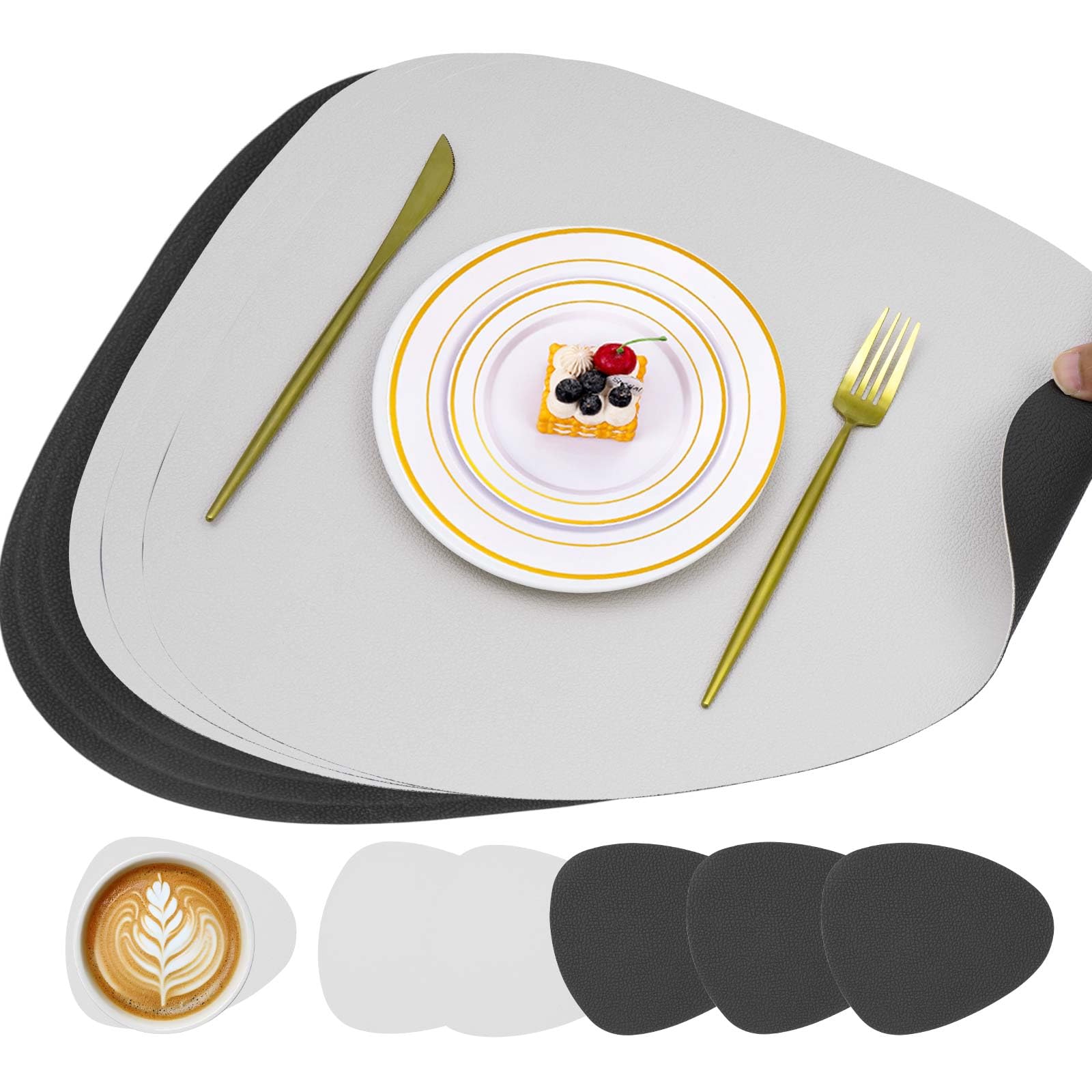 Placemats Set of 6 with Coasters, Heat-Resistant Placemat, 100% Waterproof Oilproof Wipeable Faux Leather Table Mats, PU Dual-Sided Desk Mats for Dining, Kitchen, Restaurant 33x42.5CM-Ivory+Gray