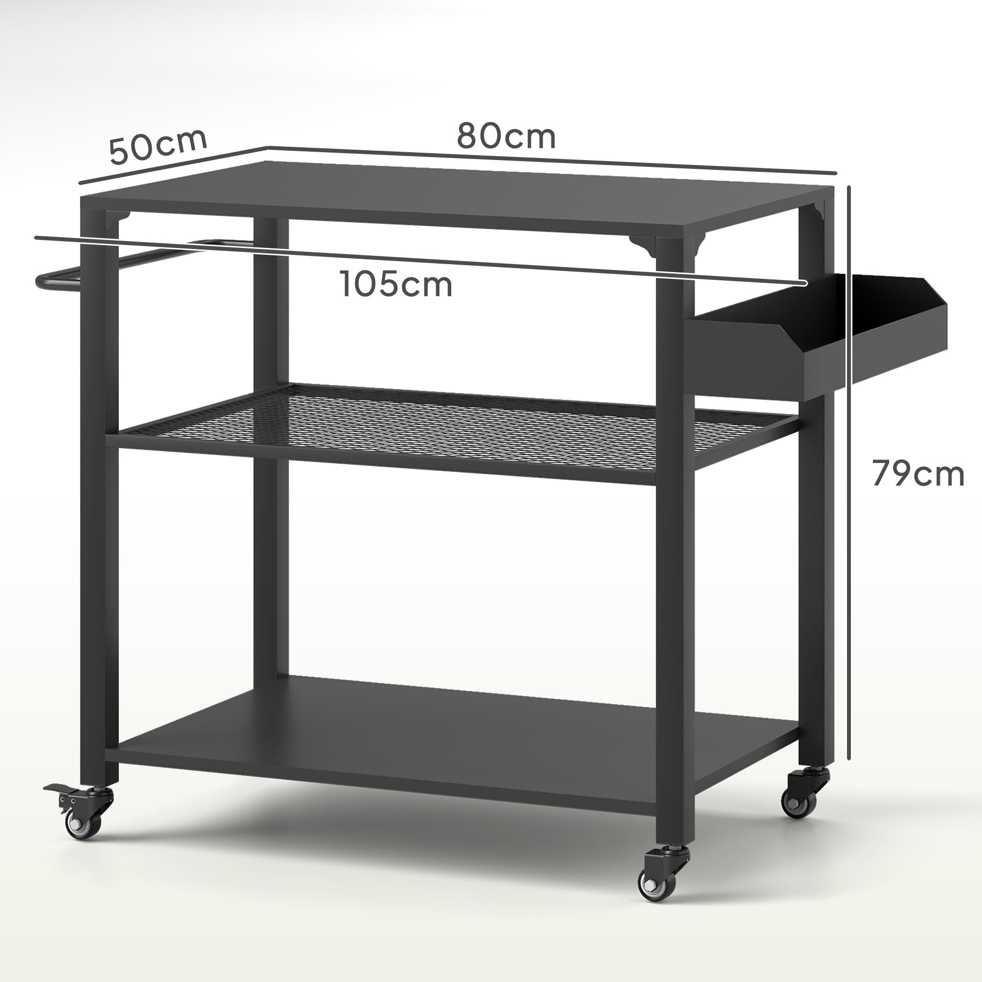 Outsunny Carrito de Parrilla de 3 Niveles Carrito de Barbacoa Carrito de Servicio con 4 Ruedas Estantes y Asa Mesa de Horno de Pizza para Jardín Patio Negro