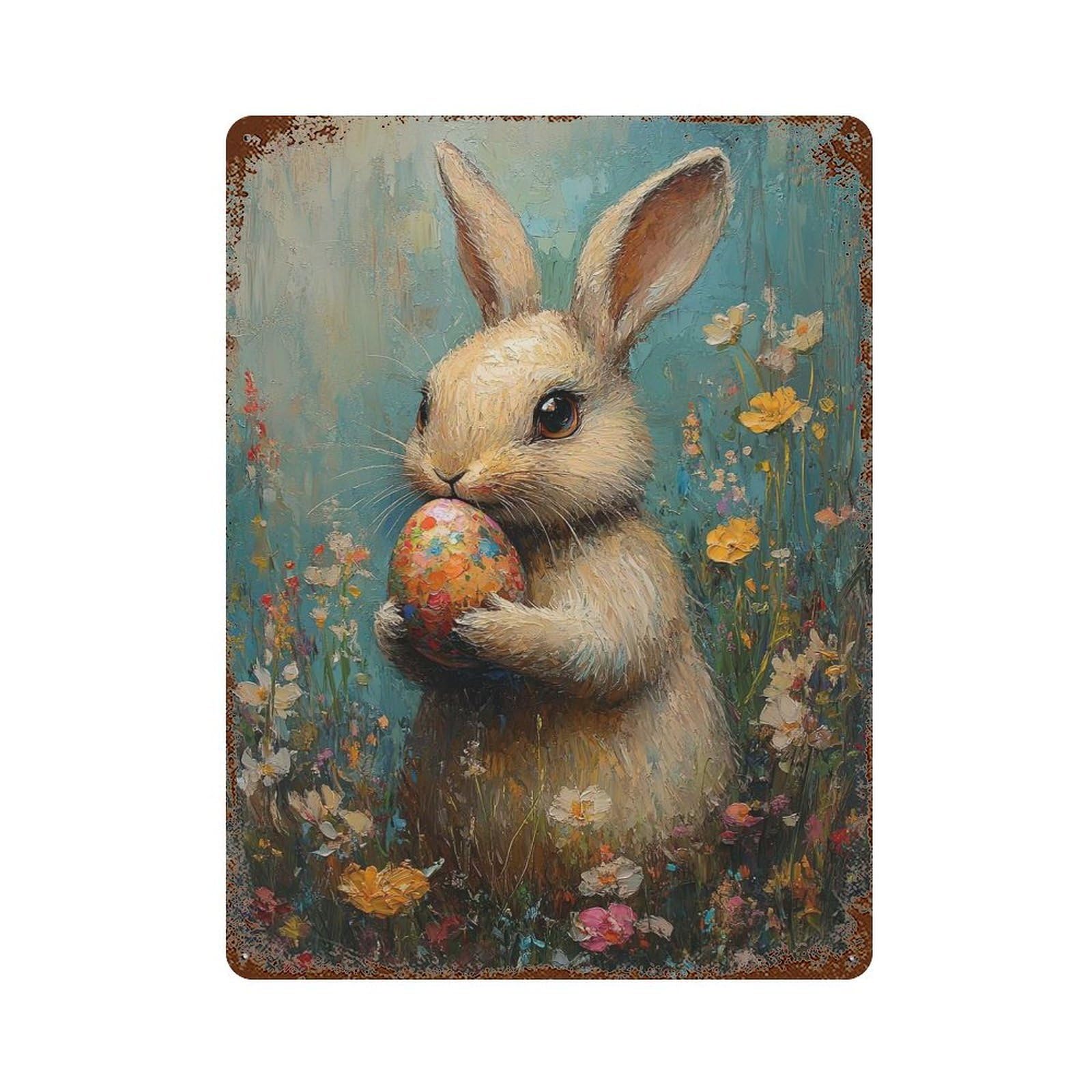 Garage Style Easter Bunny with Egg Vintage Rust Metal Sign 15.7"x11.8", Rustic Home Decor for Bar And Workshop
