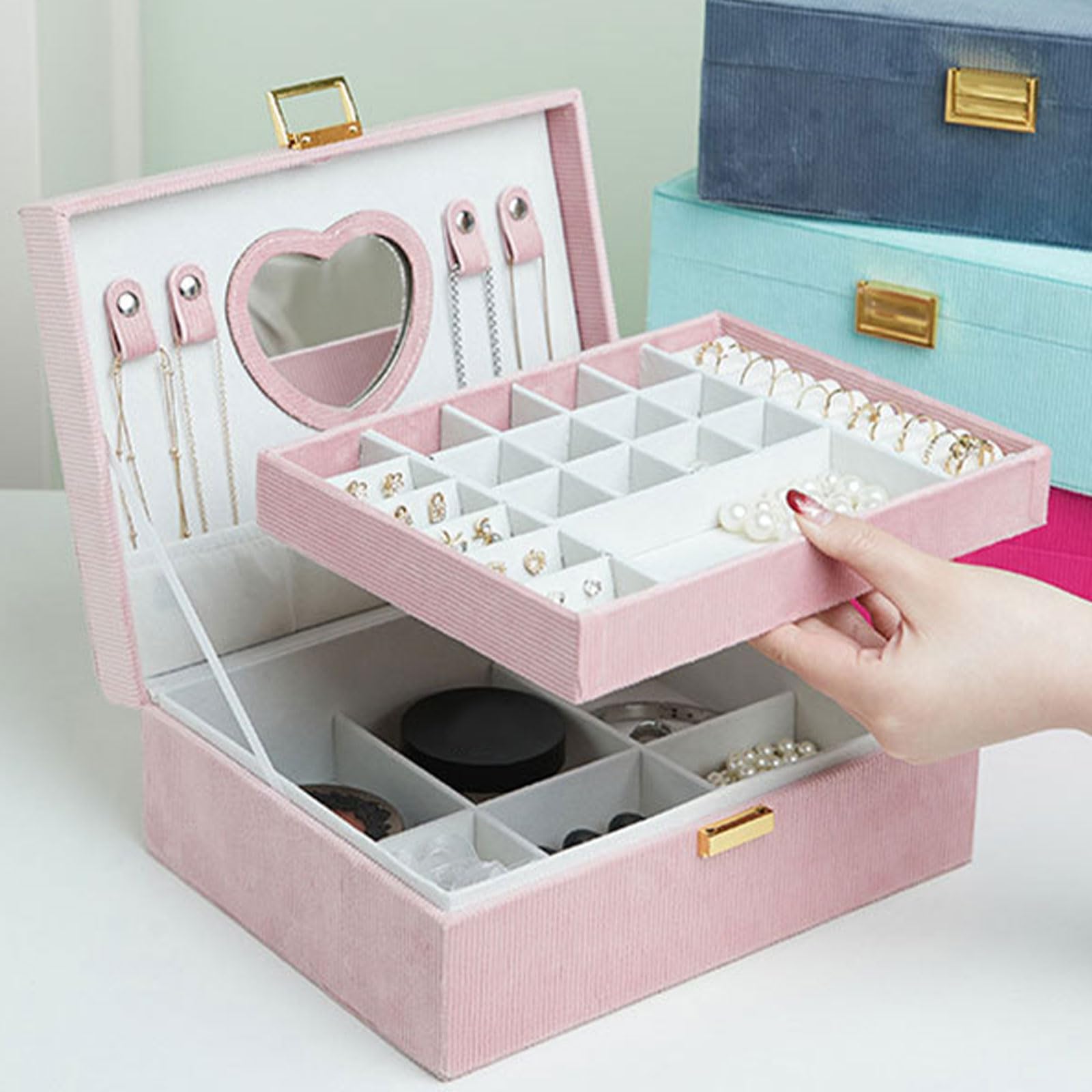 Plüschgefütterte Schmuckschatulle, eleganter großer Schmuckhalter, praktische Aufbewahrungsbox mit Mehreren Fächern