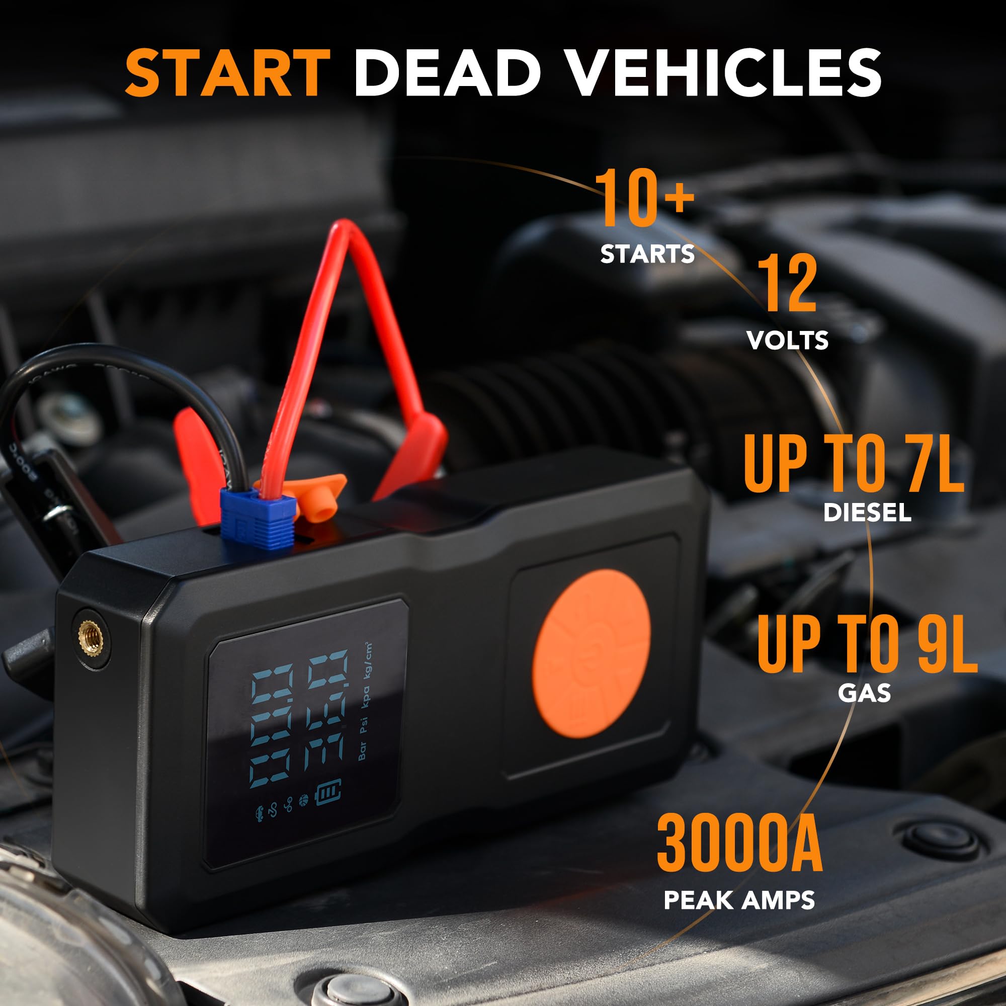 Démarreur de batterie de voiture avec compresseur d'air, kit de démarrage portable adapté aux véhicules à essence et diesel de 1,5 à 8 L (toutes les batteries 12 V), gonflage rapide des pneus et