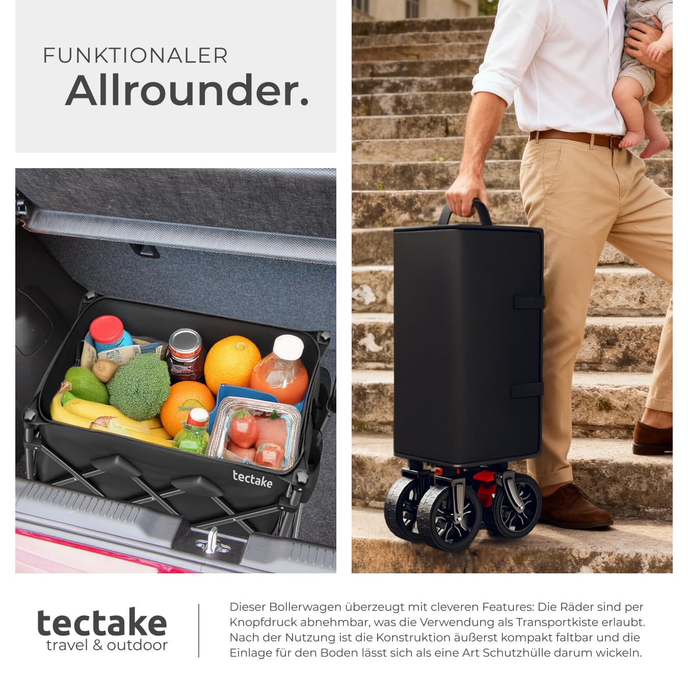 tectake® Bollerwagen faltbar, Transportwagen klappbar, Transporter mit Teleskopgriff und Rückholmechanismus, Profil Kunststoffräder mit Bremse, mit Plane und Einlegebogen, Belastbarkeit 80 kg - 120 L