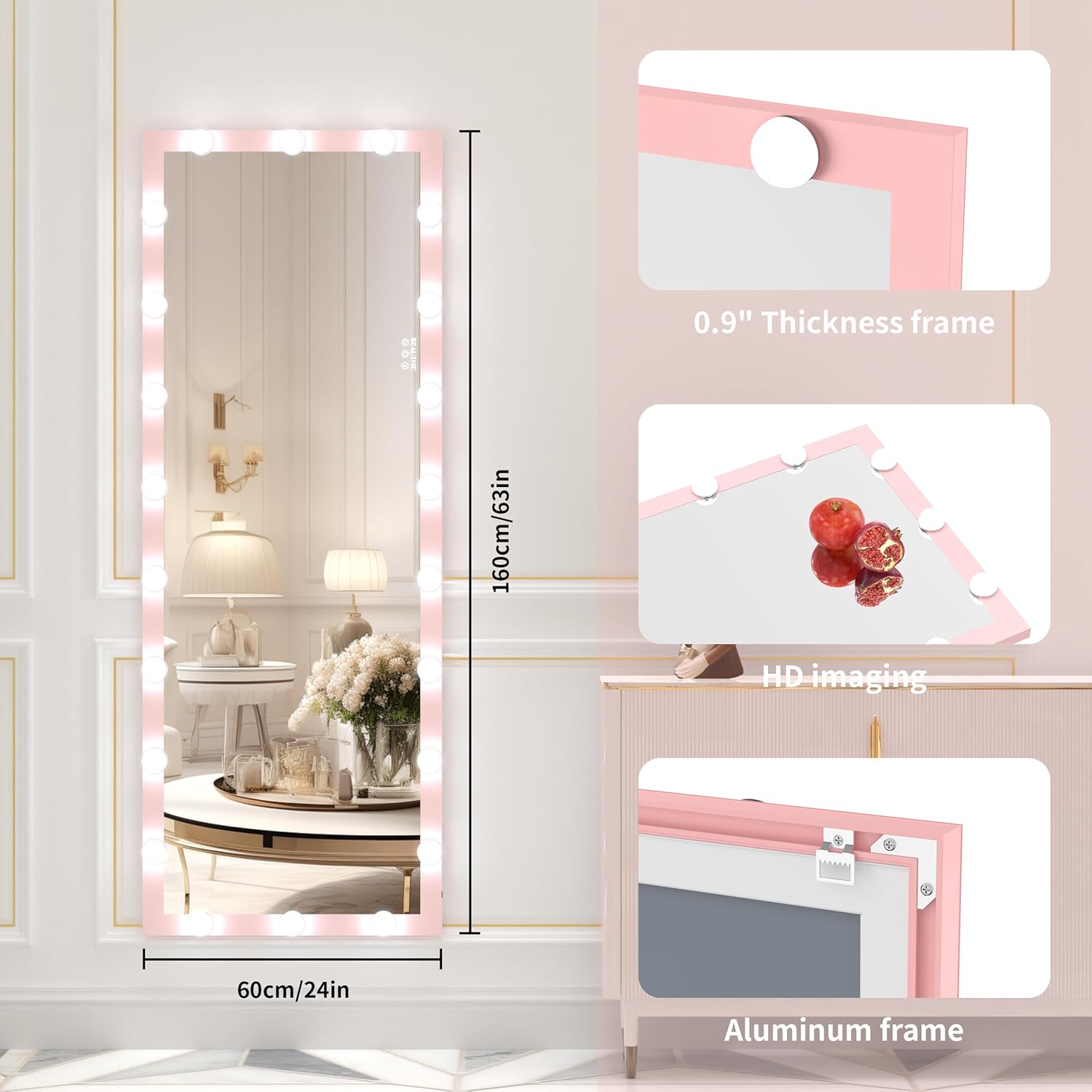 ANYHI Full Length Mirror, 63" x 24", Pink Long Mirror with 22 LED Bulbs, 3 Color Lights, Dimmable, Thick Frame, Straight-Waist Design