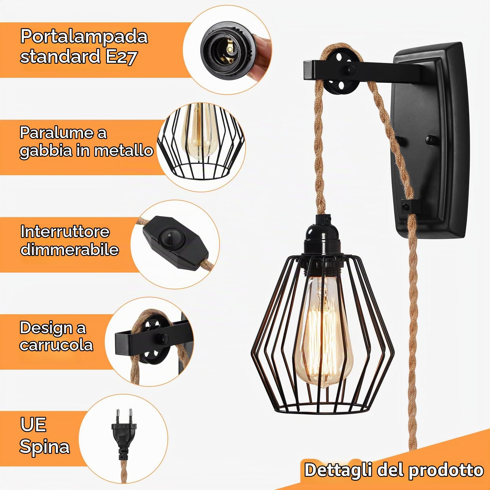 ENCOFT Lampada da Parete Interna con Interruttore Dimmerabile e Presa, Cavo di 4m, Plug-in Applique da Parete Interno Gabbia Industriale, Vintage E27 Luce Illuminazione da Muro per Soggiorno