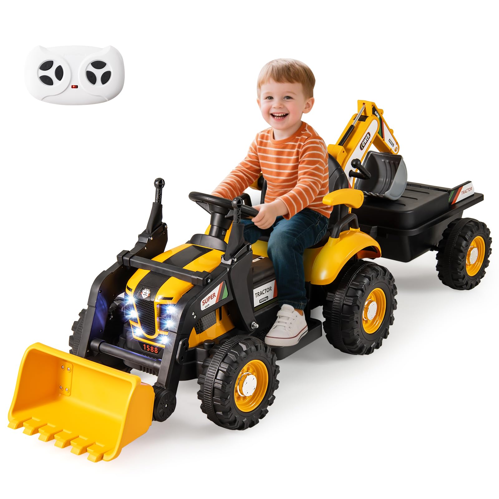 Maxmass Kids Ride on Tractor and Trailer, 12 Battery Powered Ride on Bulldozer with Shovel Bucket, Digger, LED Lights & Music, Children Electric Construction Toy Car for 3+ Years Old (Yellow)