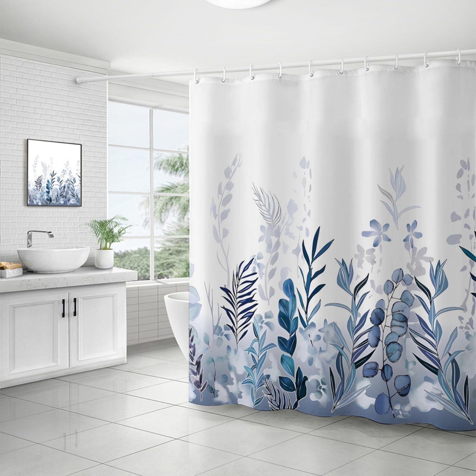Shower Curtains Blue Leaf Flower Wet Room Shower Curtain Mould Proof Resistant Waterproof Polyster Fabric Washable with 12 Hooks Garden Bathroom Curtains (180x220cm)